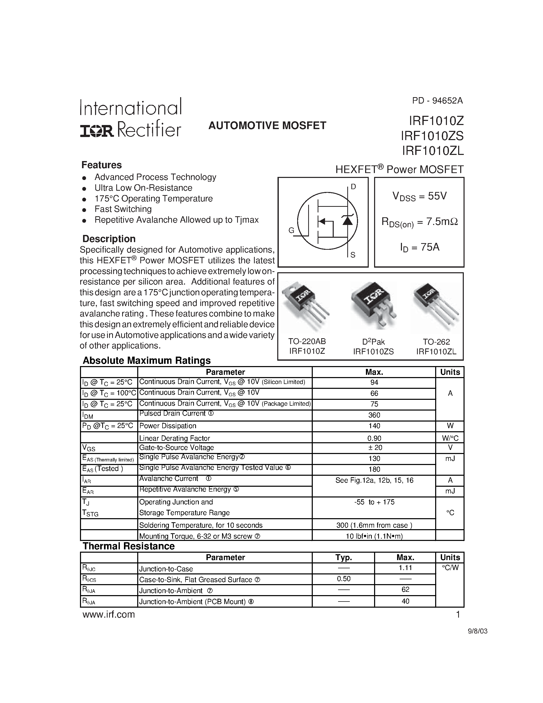 Даташит IRF1010ZS - AUTOMOTIVE MOSFET страница 1