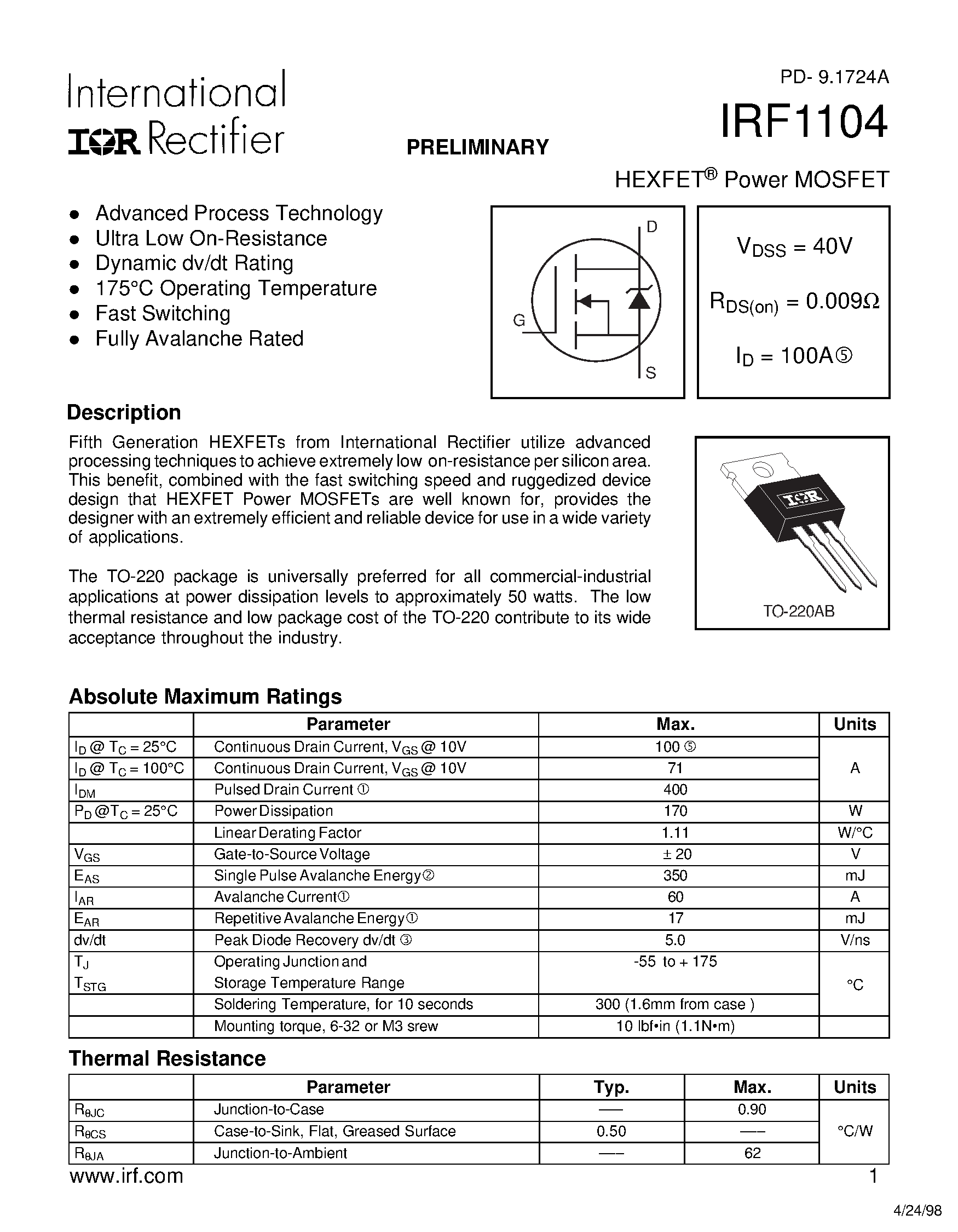 Datasheet IRF1104 - Power MOSFET(Vdss=40V/ Rds(on)=0.009ohm/ Id=100A) page 1