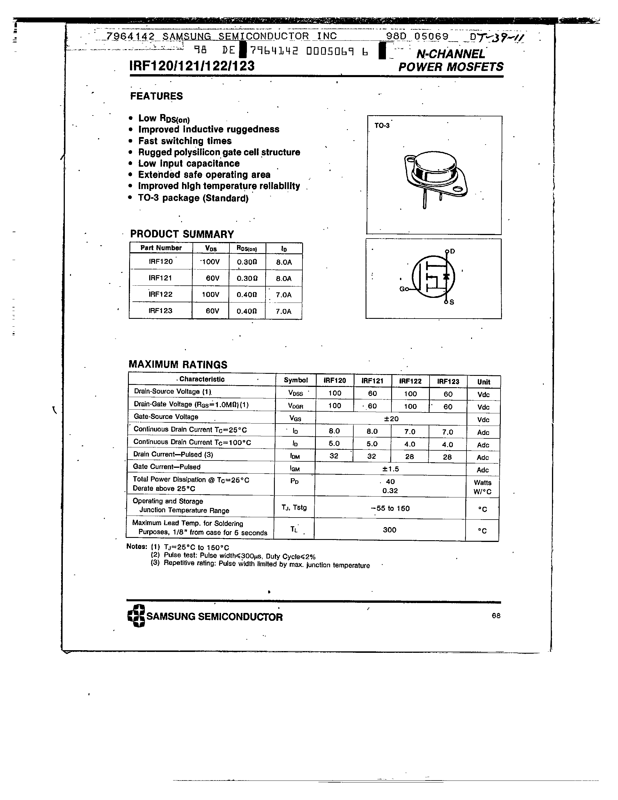 Datasheet IRF120 - N-CHANNEL POWER MOSFETS page 1