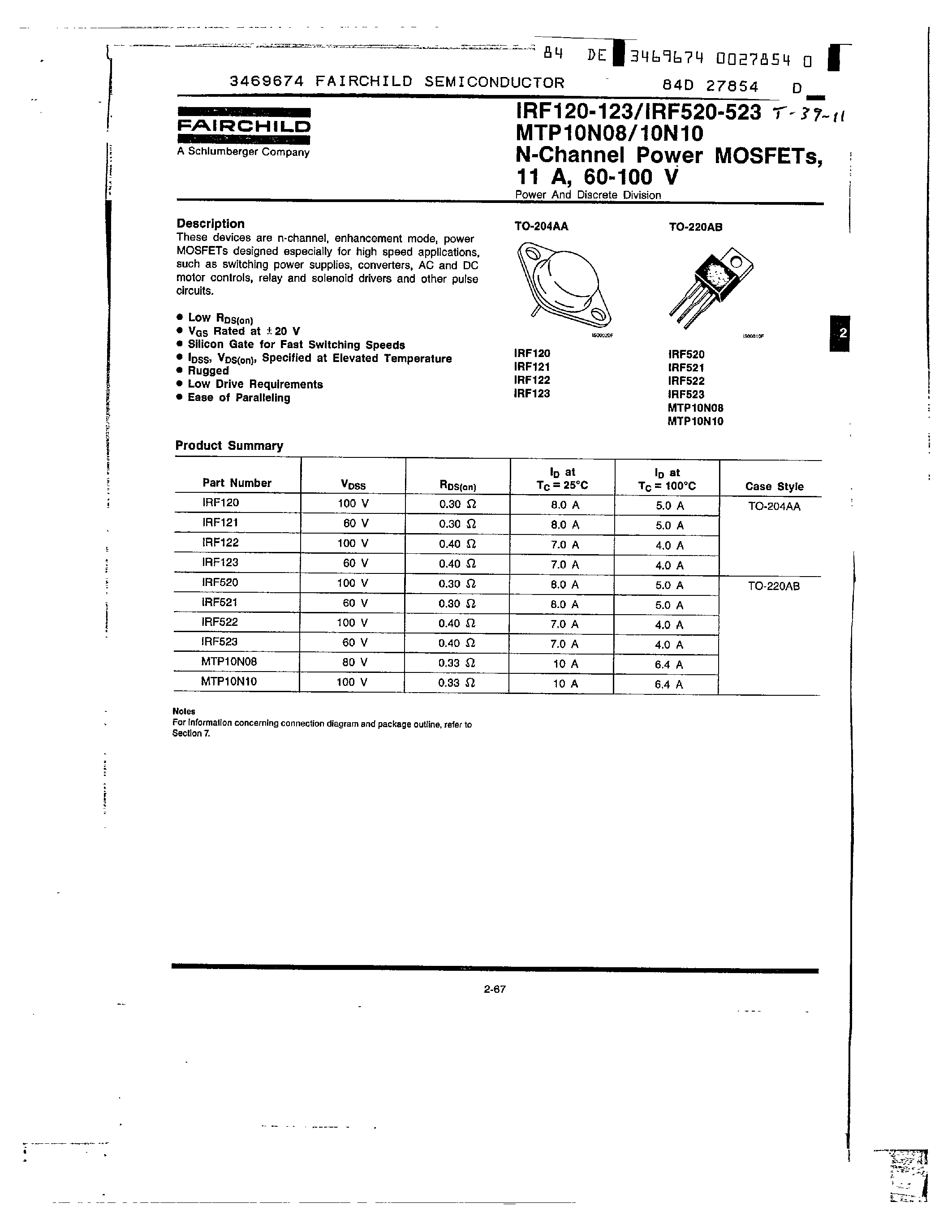 Datasheet IRF120 - N-Channel Power MOSFETs/ 11 A/ 60-100 V page 1