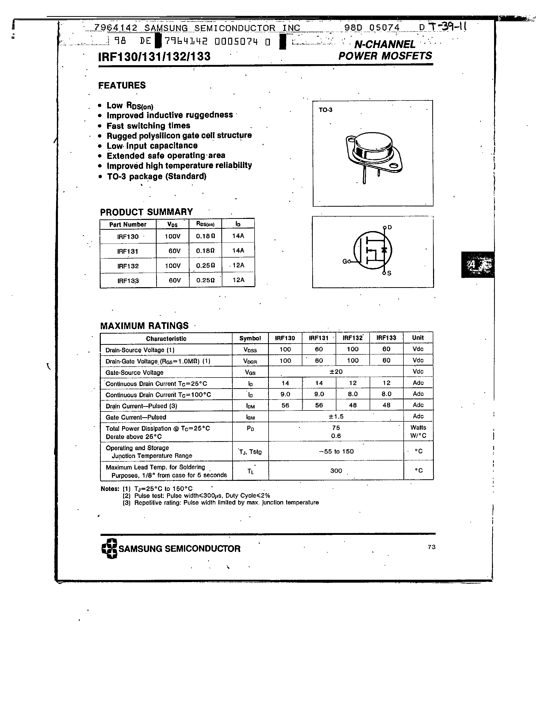 Даташит IRF130 - N-CHANNEL POWER MOSFETS страница 1