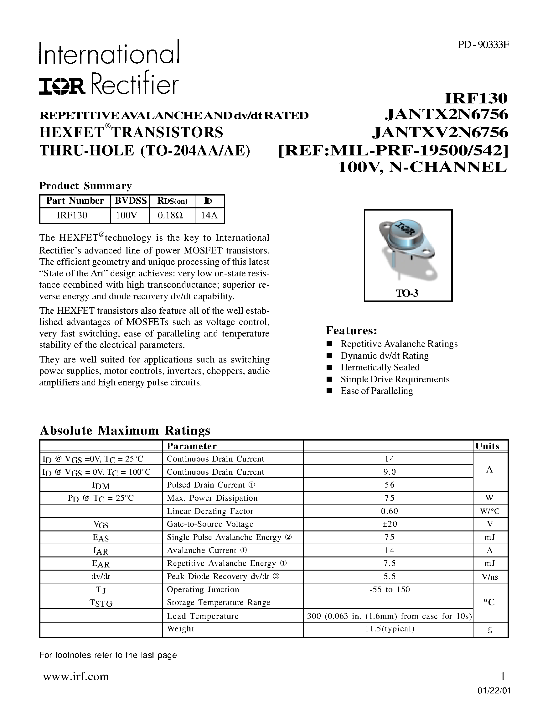 Datasheet IRF130 page 1 Datasheet IRF130 - TRANSISTORS N-CHANNEL(Vdss=100V/ Rds(on)=0.18ohm/ Id=14A) page 1