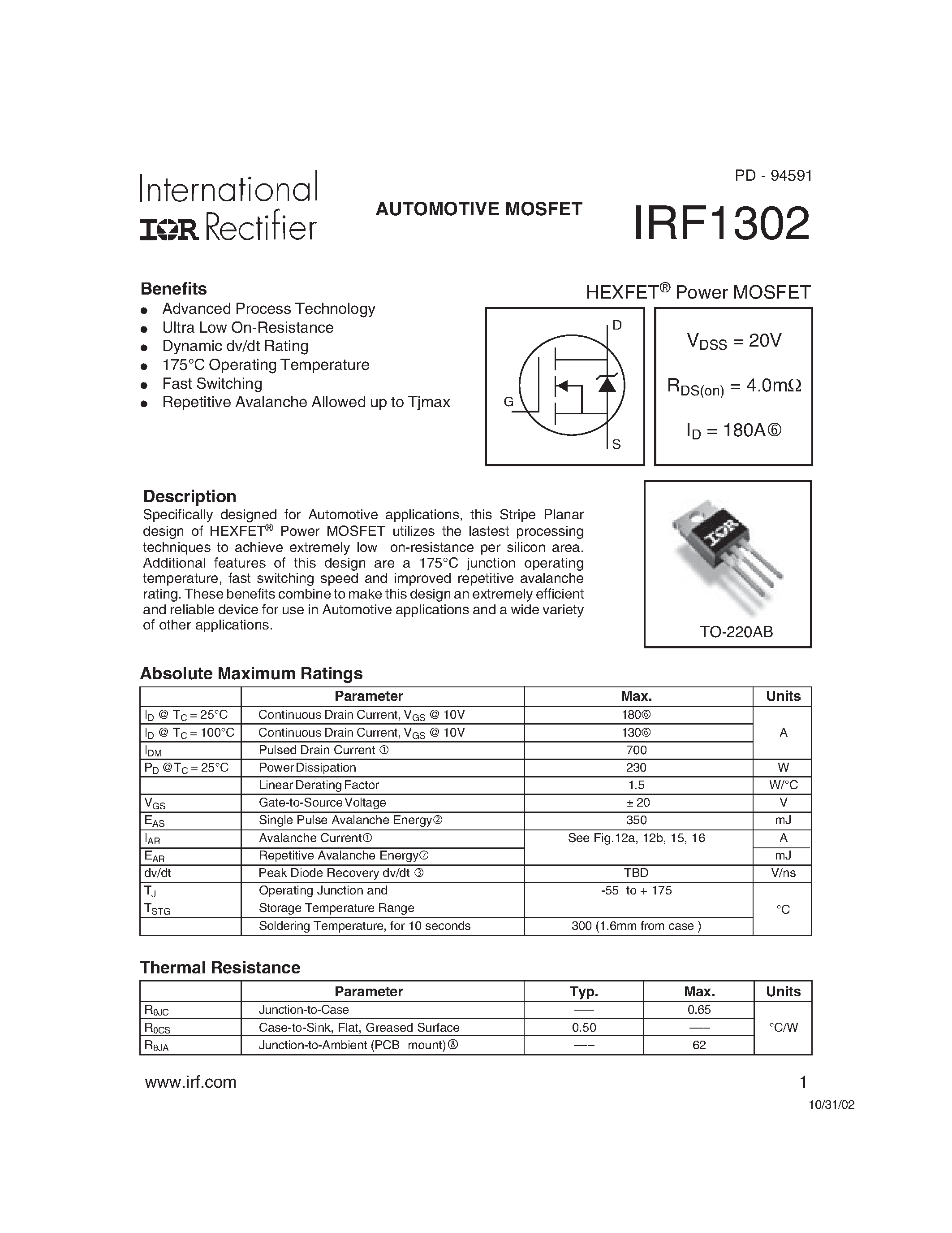 Datasheet IRF1302 page 1 Datasheet IRF1302 - Power MOSFET(Vdss=20V/ Rds(on)=4.0mohm/ Id=180A) page 1