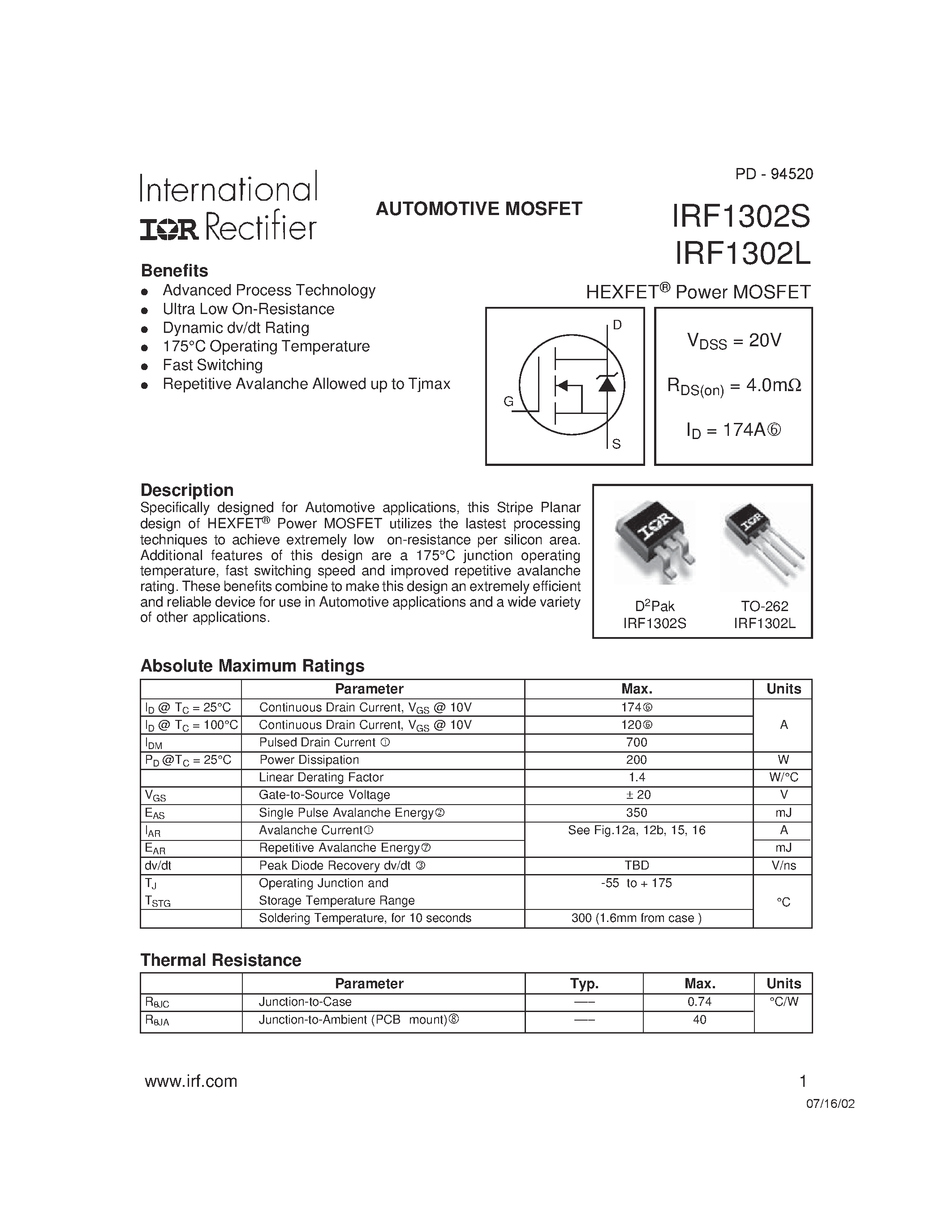 Datasheet IRF1302L - Power MOSFET(Vdss=20V/ Rds(on)=4.0mohm/ Id=174A) page 1