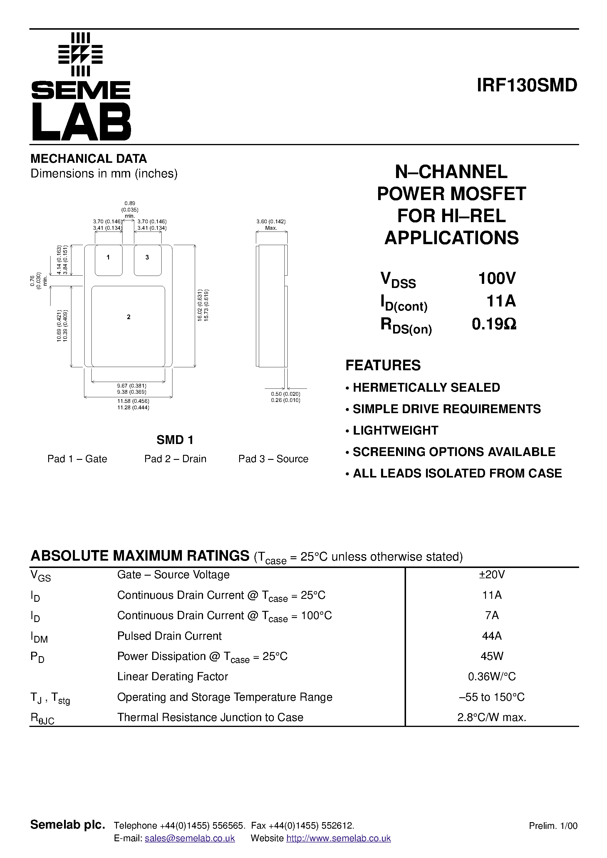 Даташит на микросхему IRF130SMD страница 1 Даташит IRF130SMD - N-CHANNEL POWER MOSFET FOR HI.REL APPLICATIONS страница 1