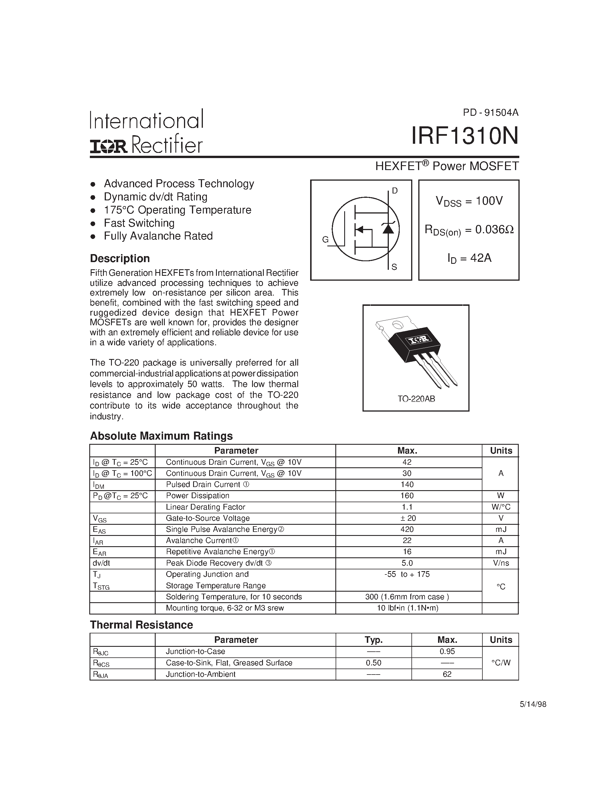 Даташит на микросхему IRF1310N страница 1 Даташит IRF1310N - Power MOSFET(Vdss=100V/ Rds(on)=0.036ohm/ Id=42A) страница 1