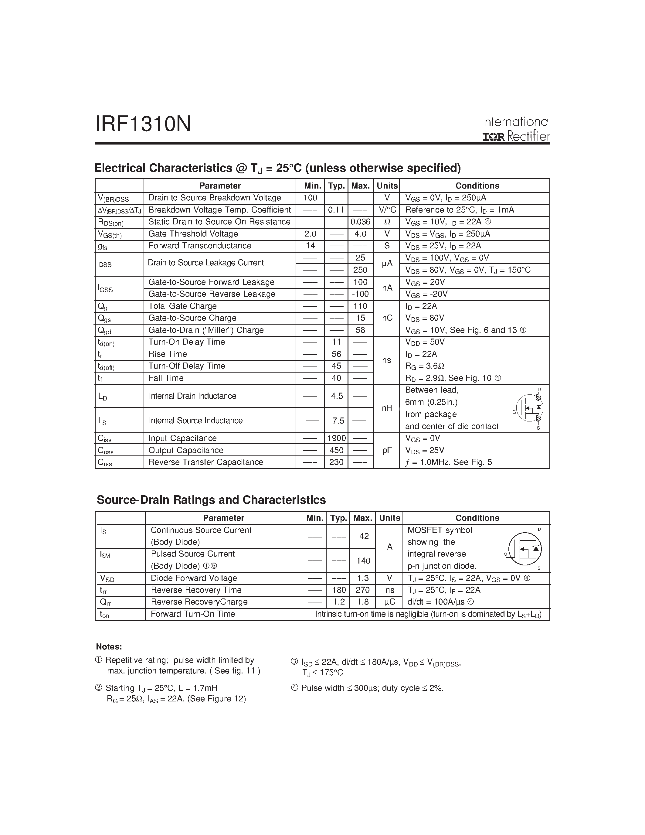 Даташит на микросхему IRF1310N страница 2 Даташит IRF1310N - Power MOSFET(Vdss=100V/ Rds(on)=0.036ohm/ Id=42A) страница 2