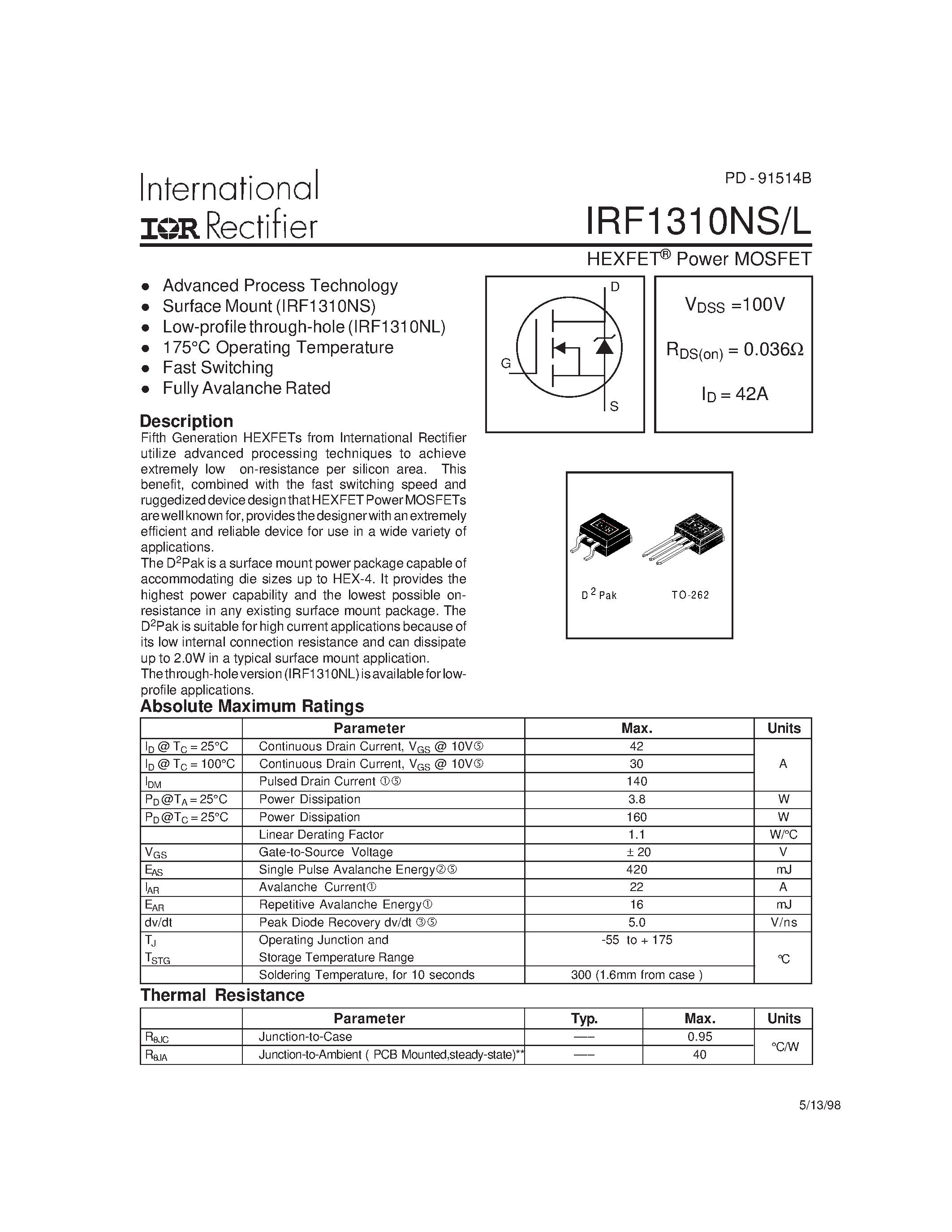 Даташит на микросхему IRF1310NS страница 1 Даташит IRF1310NS - Power MOSFET(Vdss=100V/ Rds(on)=0.036ohm/ Id=42A) страница 1