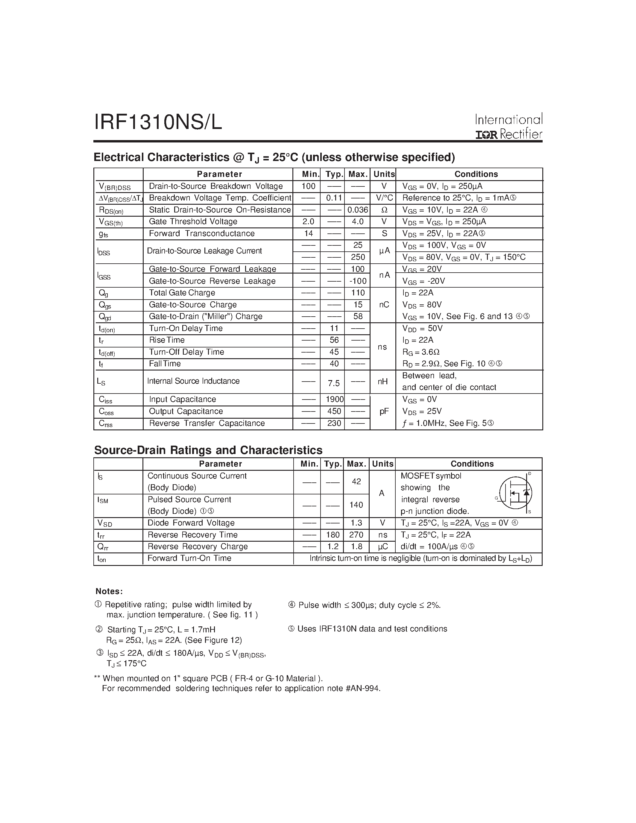 Даташит на микросхему IRF1310NS страница 2 Даташит IRF1310NS - Power MOSFET(Vdss=100V/ Rds(on)=0.036ohm/ Id=42A) страница 2