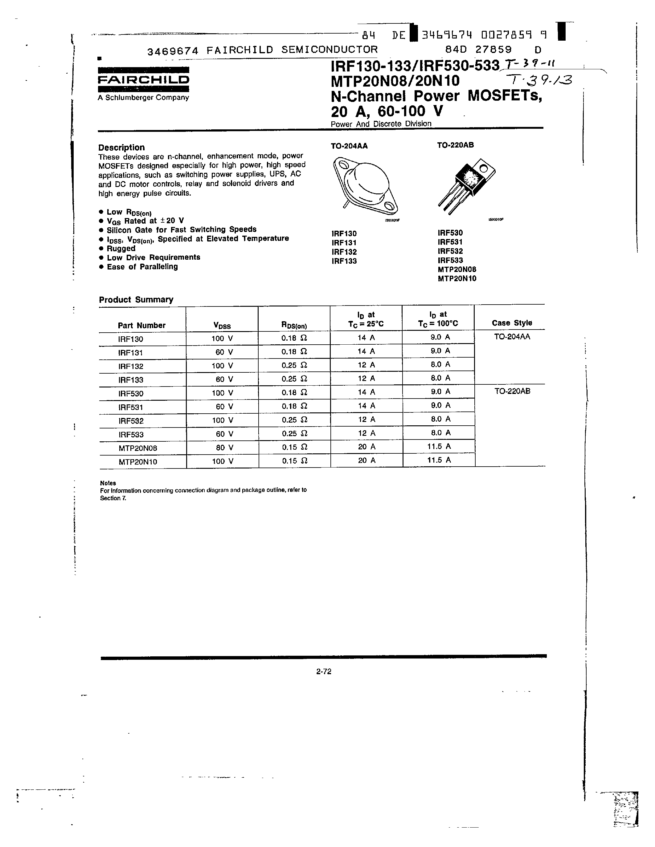 Datasheet IRF133 page 1 Datasheet IRF133 - N-Channel Power MOSFETs/ 20 A/ 60-100 V page 1