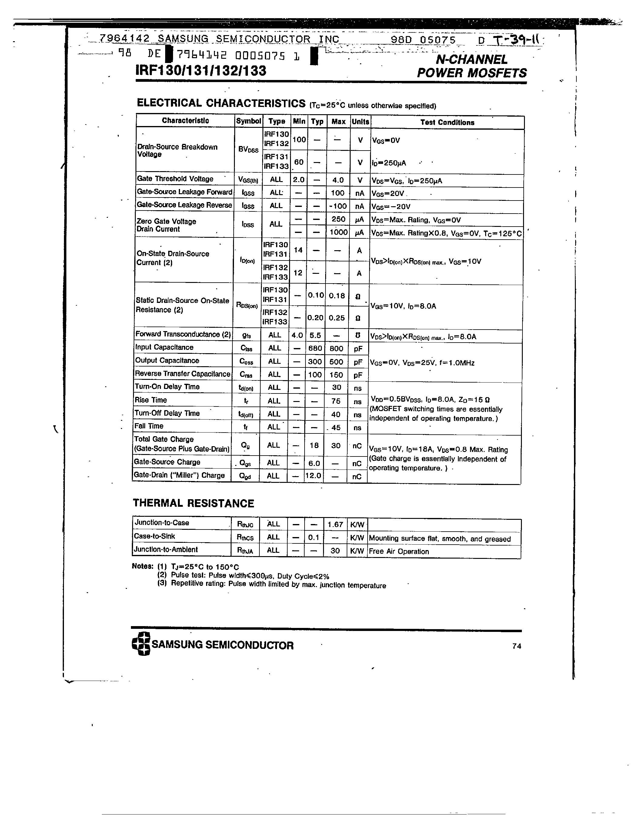 Даташит на микросхему IRF133 страница 2 Даташит IRF133 - N-CHANNEL POWER MOSFETS страница 2