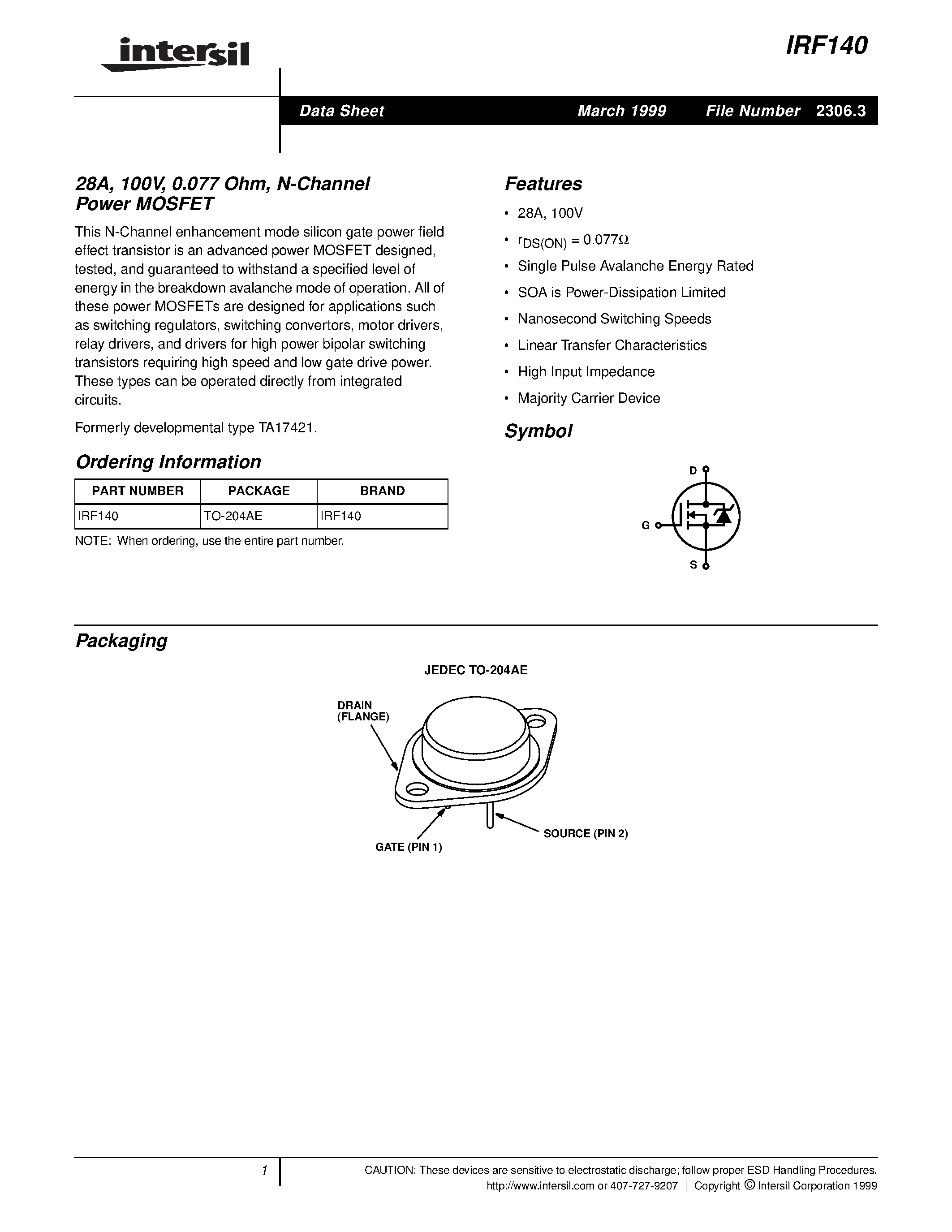 Datasheet IRF140 page 1 Datasheet IRF140 - 28A/ 100V/ 0.077 Ohm/ N-Channel Power MOSFET page 1