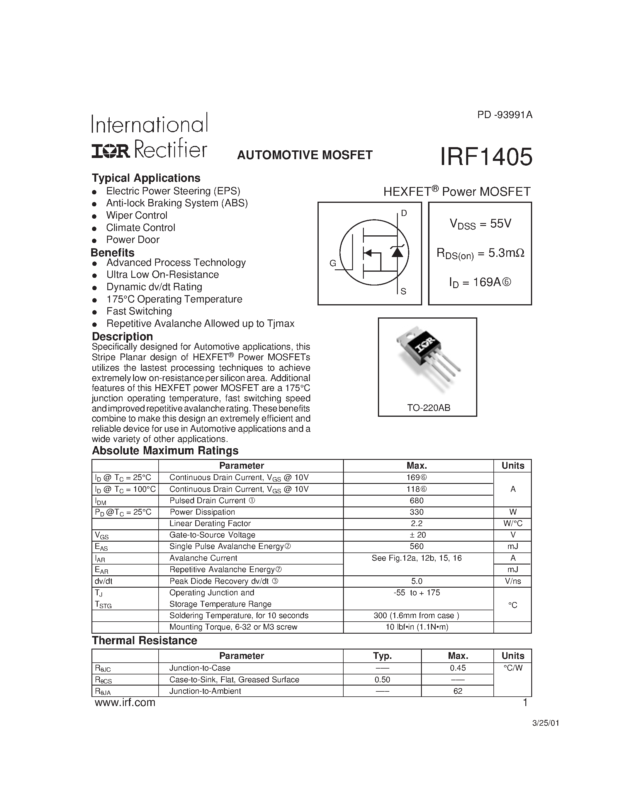 Datasheet IRF1405 - Power MOSFET(Vdss=55V/ Rds(on)=5.3mohm/ Id=169A) page 1