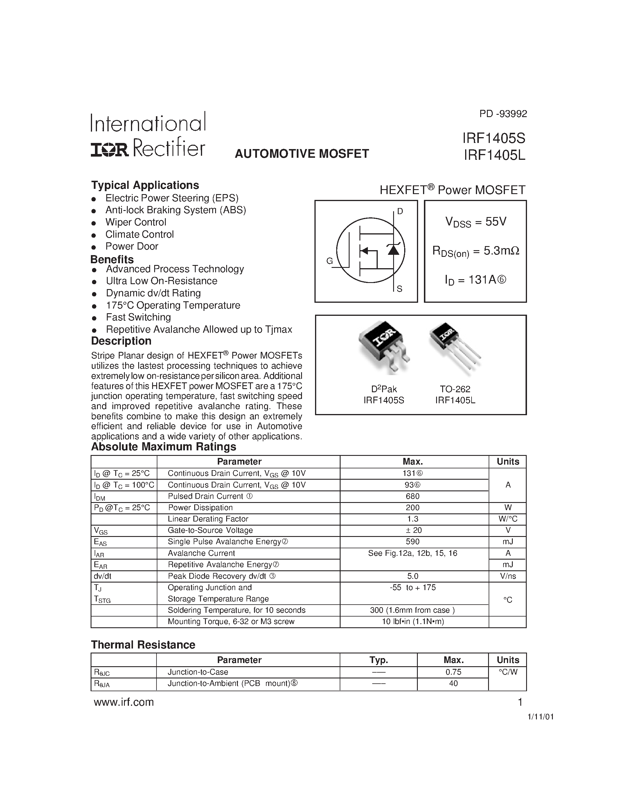 Datasheet IRF1405L page 1 Datasheet IRF1405L - Power MOSFET(Vdss=55V/ Rds(on)=5.3mohm/ Id=131A) page 1