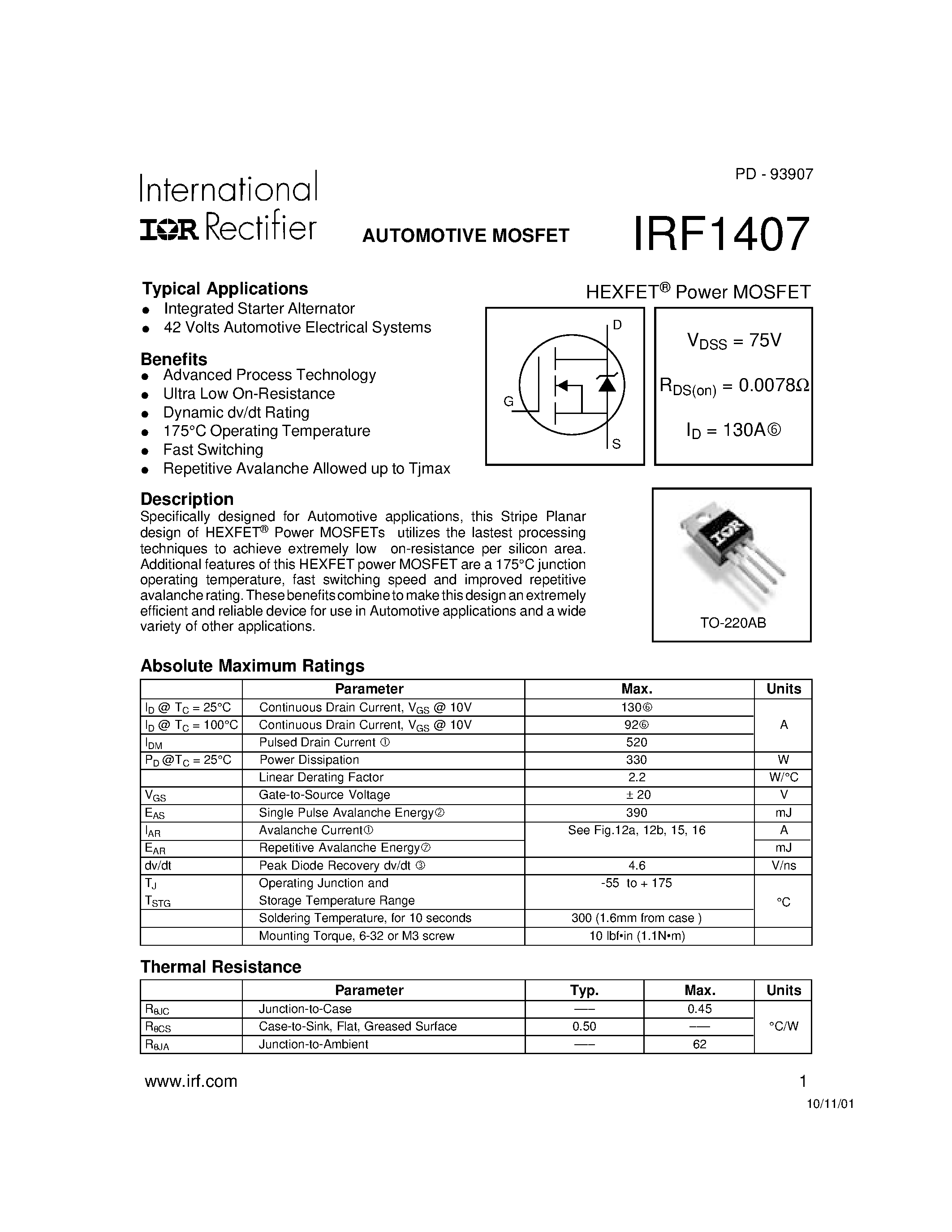 Datasheet IRF1407 page 1 Datasheet IRF1407 - Power MOSFET(Vdss=75V/ Rds(on)=0.0078ohm/ Id=130A) page 1