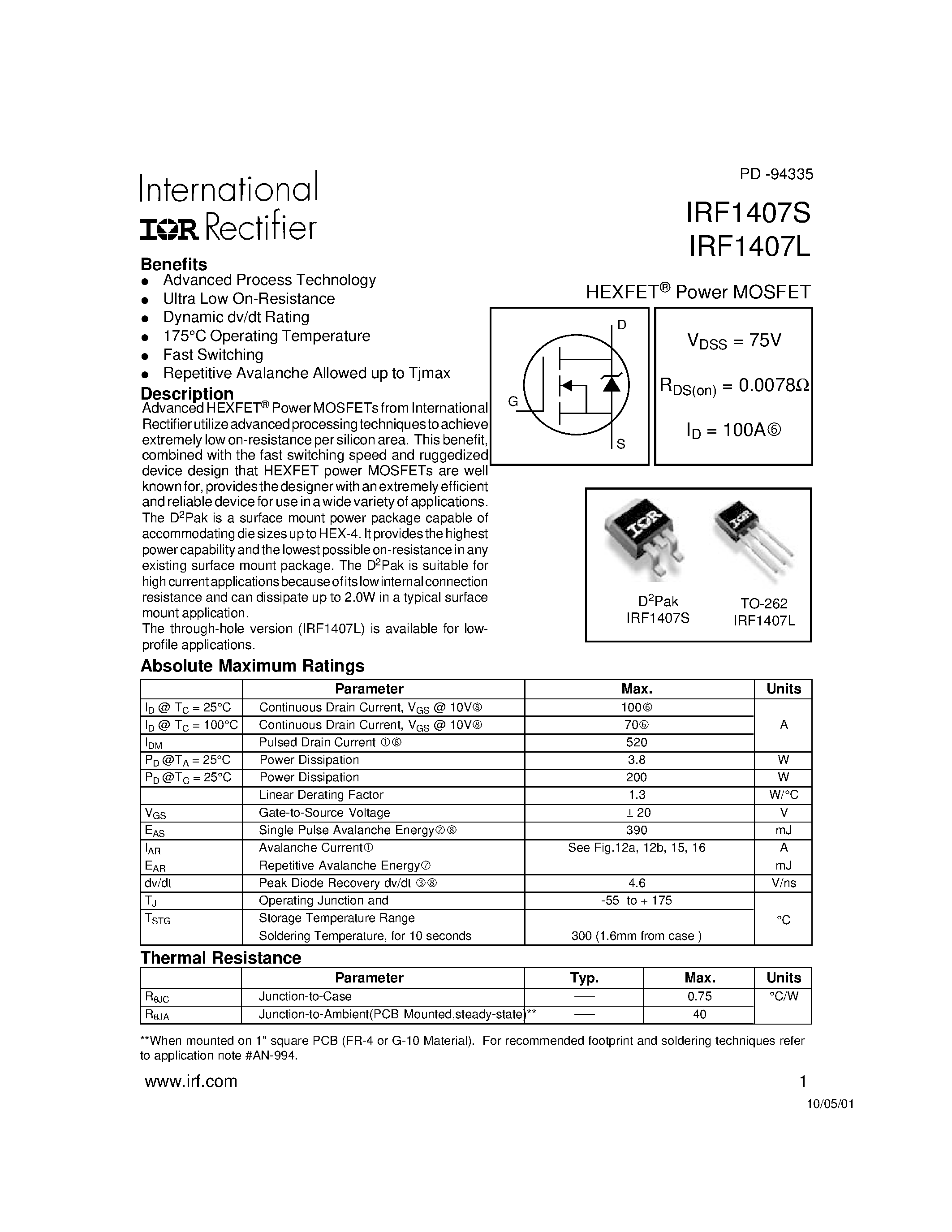 Datasheet IRF1407L - Power MOSFET(Vdss = 75V/ Rds(on) = 0.0078/ Id = 100A) page 1