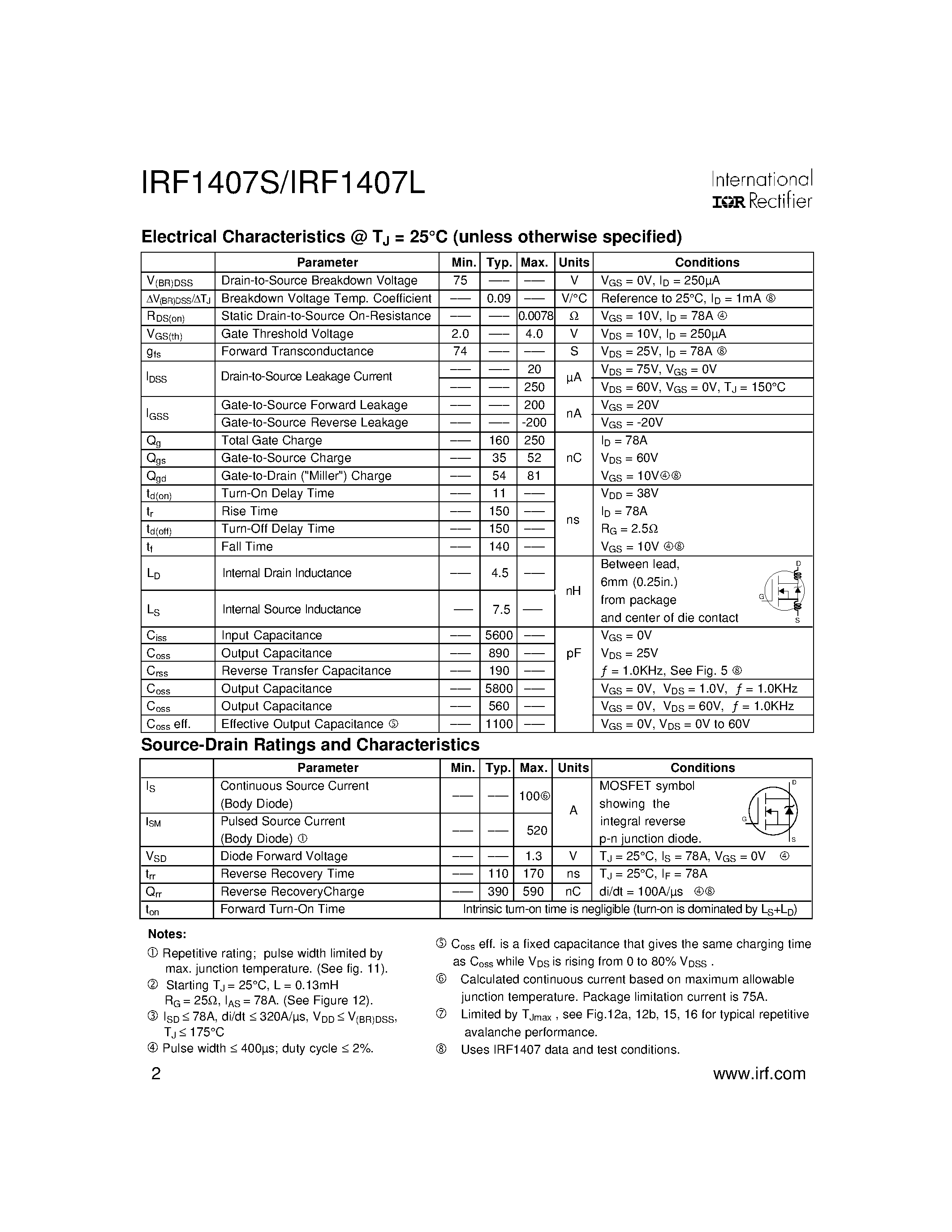 Datasheet IRF1407L - Power MOSFET(Vdss = 75V/ Rds(on) = 0.0078/ Id = 100A) page 2