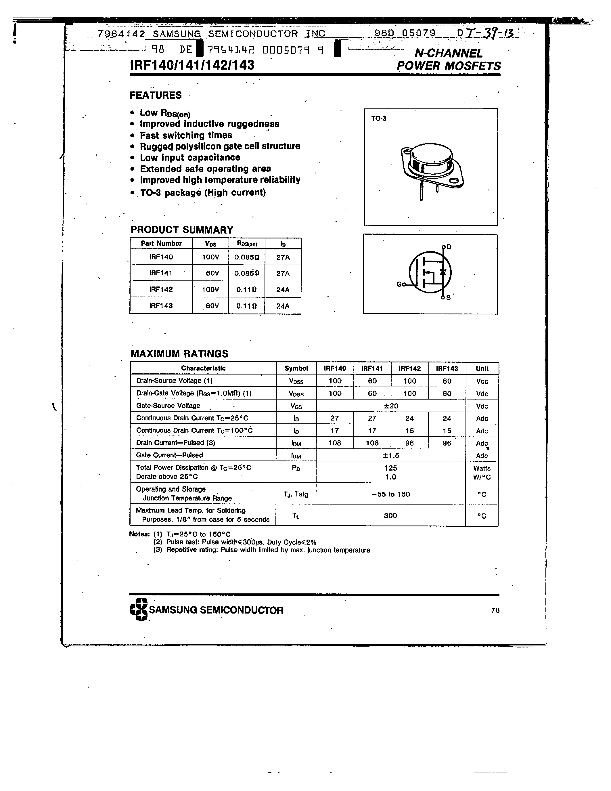 Datasheet IRF142 - N-CHANNEL POWER MOSFETS page 1