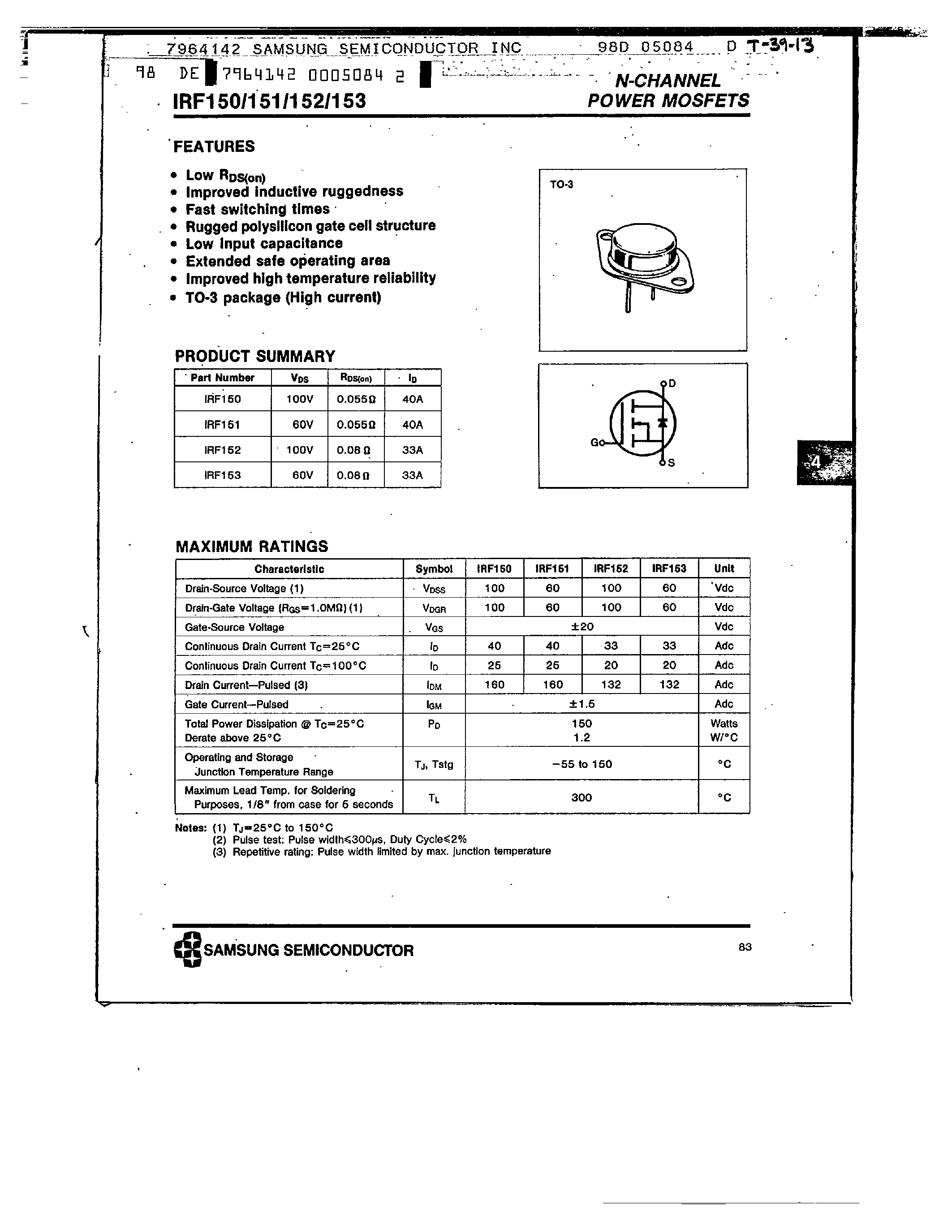 Даташит IRF150 - N-CHANNEL POWER MOSFETS страница 1