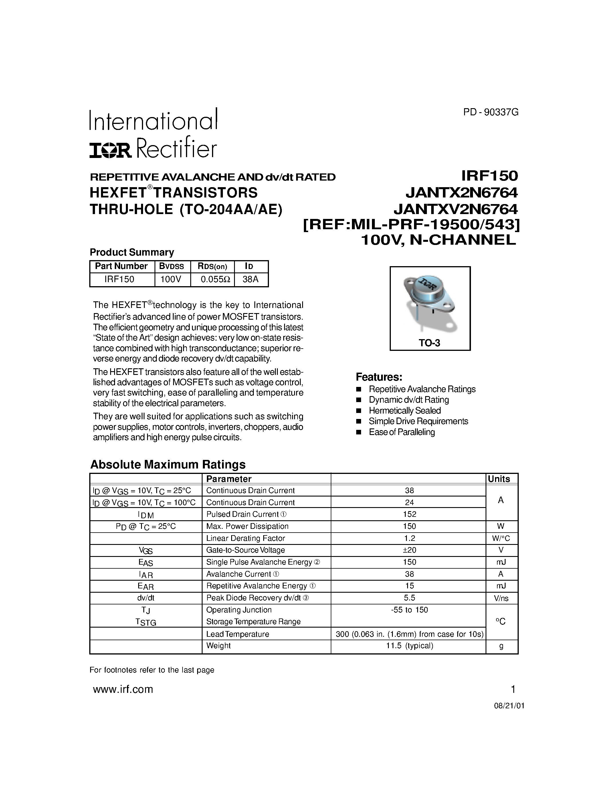 Datasheet IRF150 - TRANSISTORS N-CHANNEL(Vdss=100V/ Rds(on)=0.055ohm/ Id= 38A) page 1