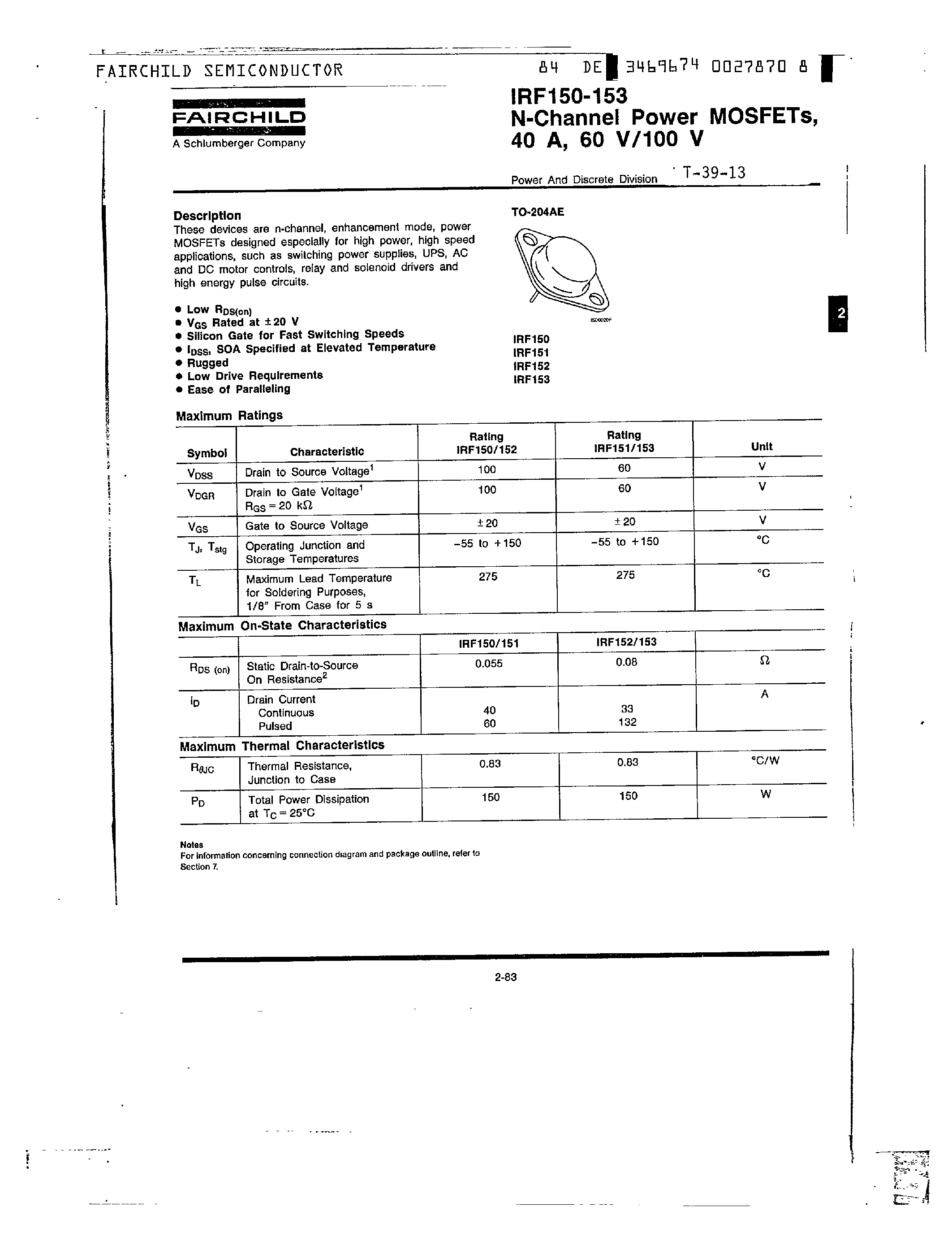 Даташит IRF150 - N-Channel Power MOSFETs/ 40 A/ 60 V/100 V страница 1