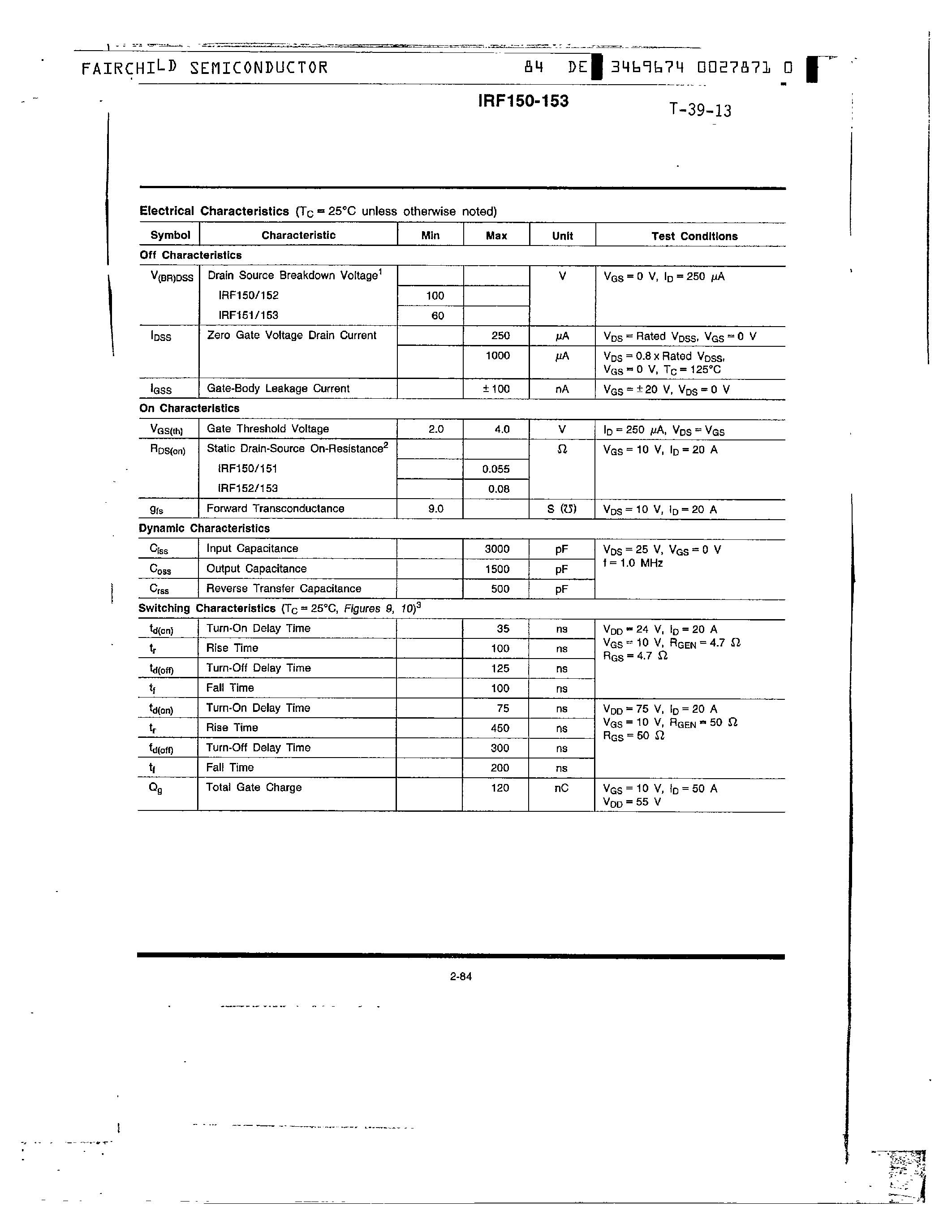 Даташит IRF150-153 - N-Channel Power MOSFETs/ 40 A/ 60 V/100 V страница 2