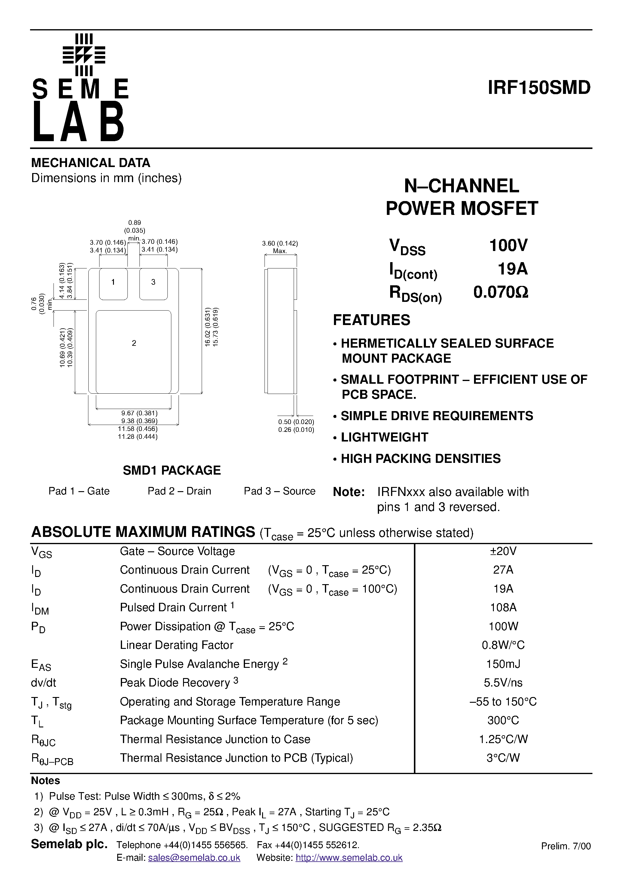 Datasheet IRF150SMD - N-CHANNEL POWER MOSFET page 1