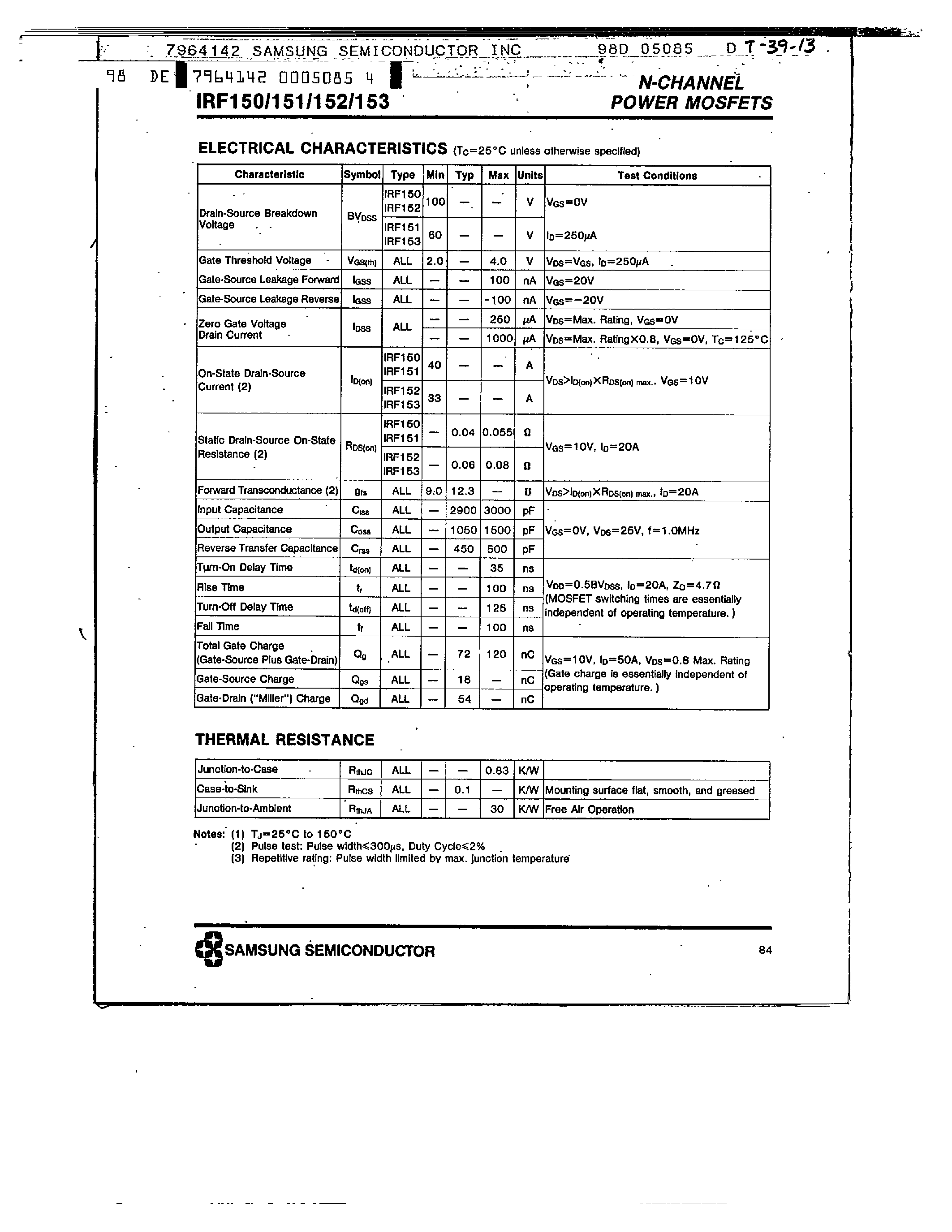 Datasheet IRF151 page 2 Datasheet IRF151 - N-CHANNEL POWER MOSFETS page 2