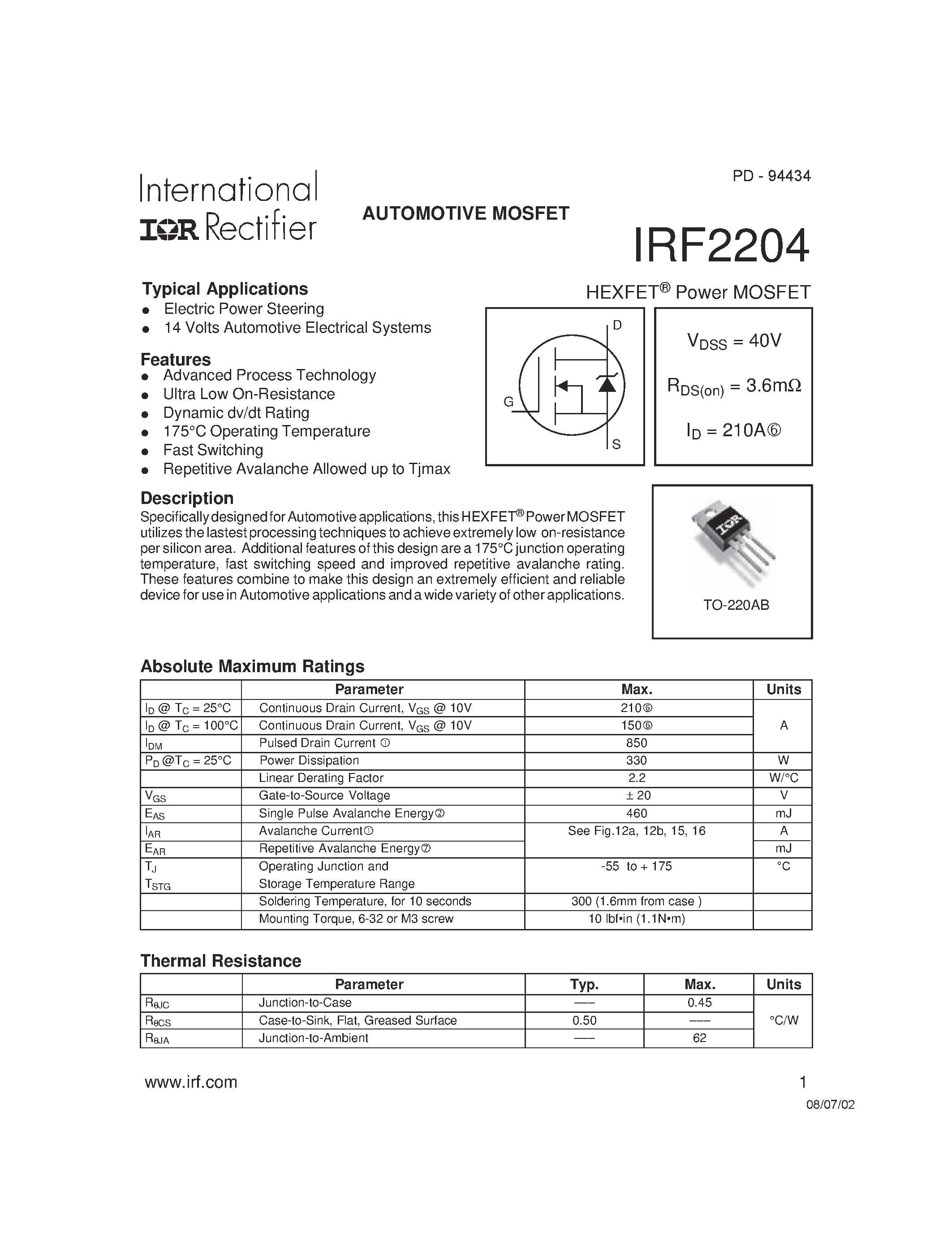 Datasheet IRF2204 - AUTOMOTIVE MOSFET page 1