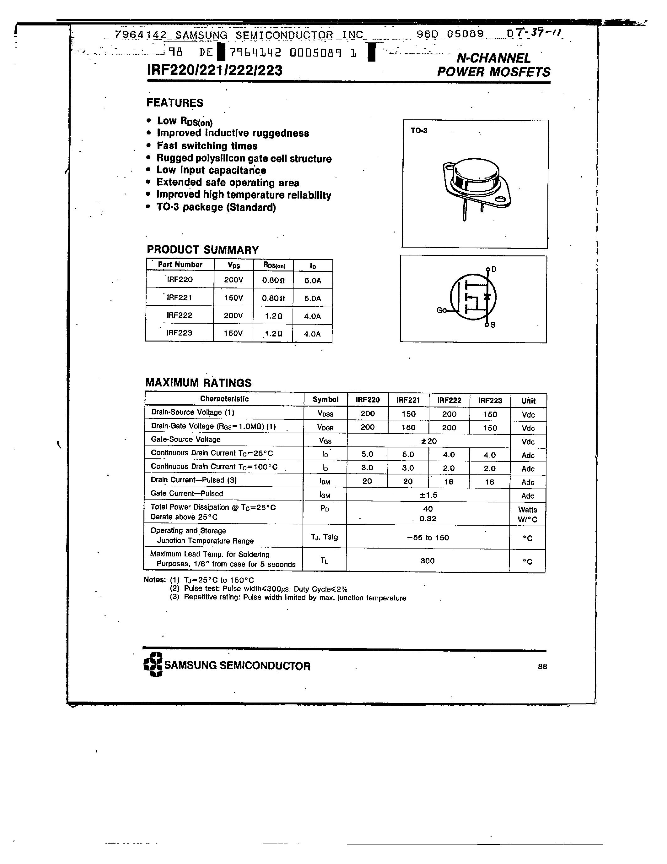 Datasheet IRF221 - N-CHANNEL POWER MOSFETS page 1