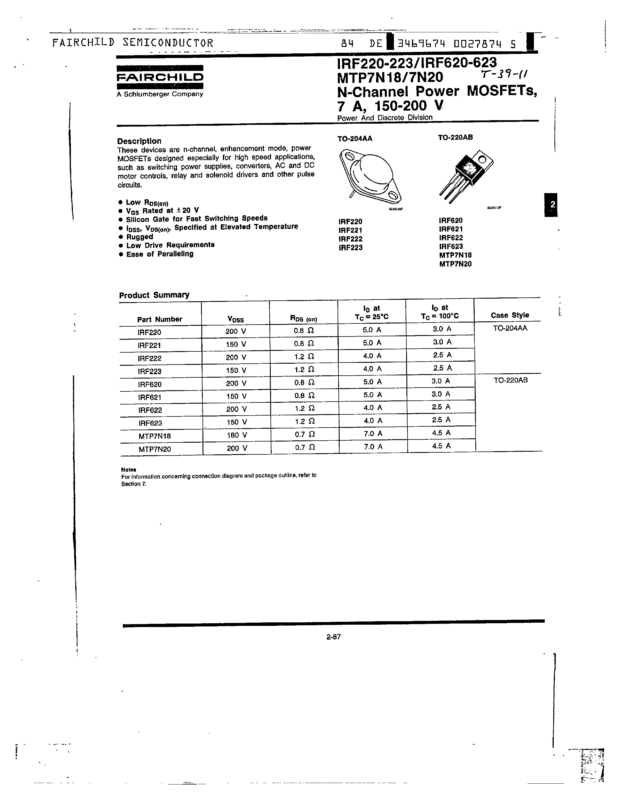 Datasheet IRF222 - N-Channel Power MOSFETs/ 7A/ 150-200V page 1