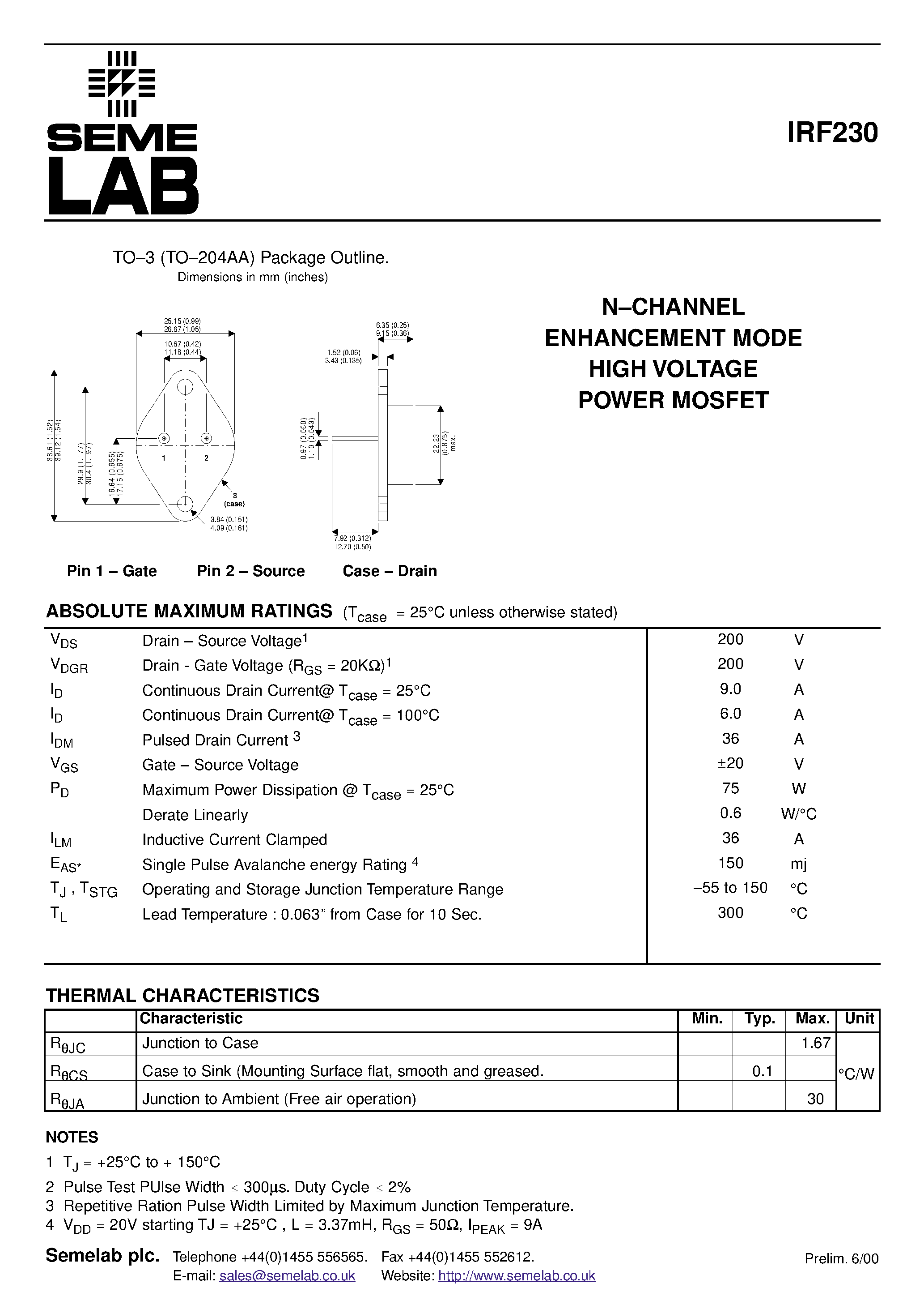 Datasheet IRF230 - N-CHANNEL ENHANCEMENT MODE HIGH VOLTAGE POWER MOSFET page 1