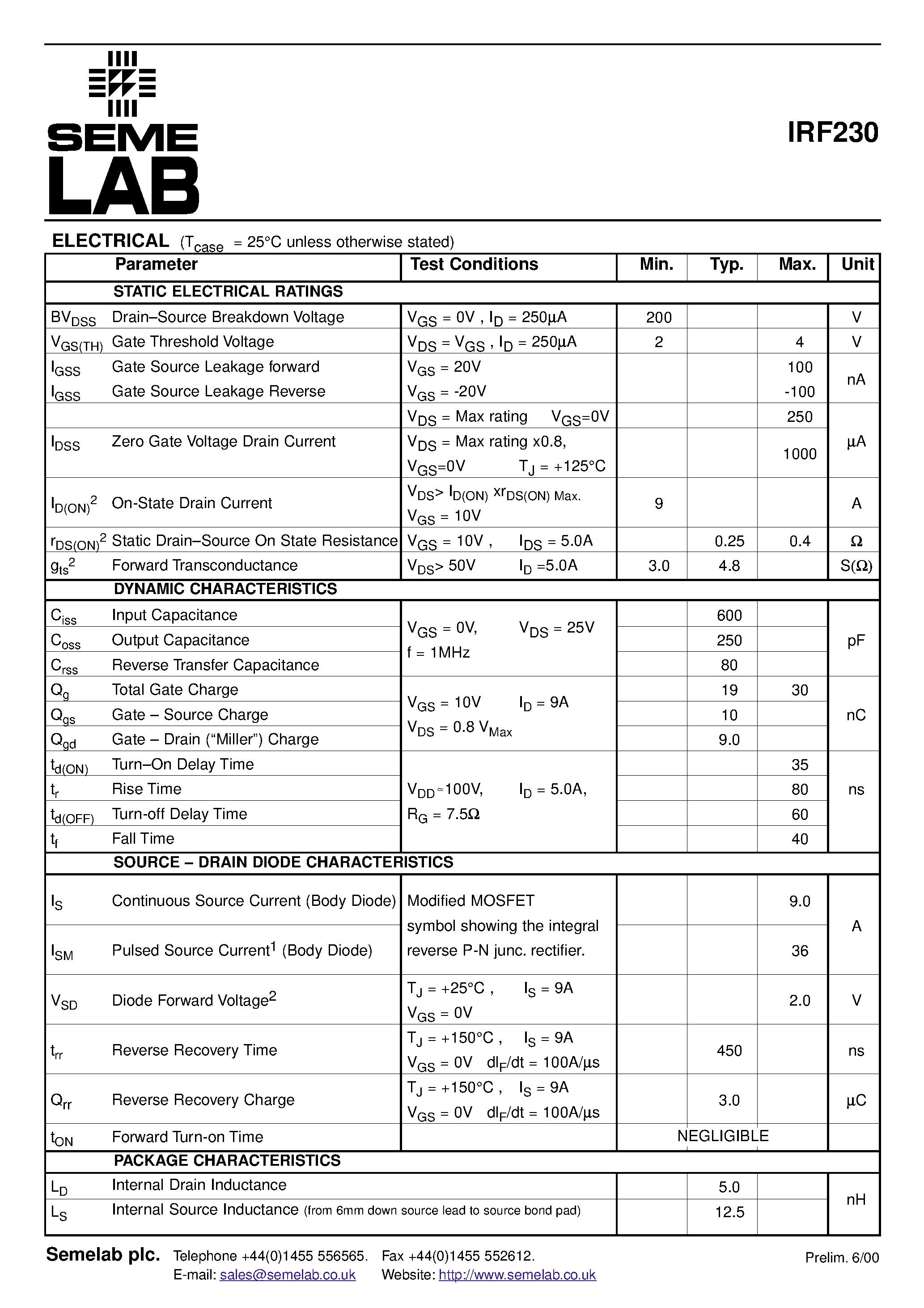 Datasheet IRF230 - N-CHANNEL ENHANCEMENT MODE HIGH VOLTAGE POWER MOSFET page 2