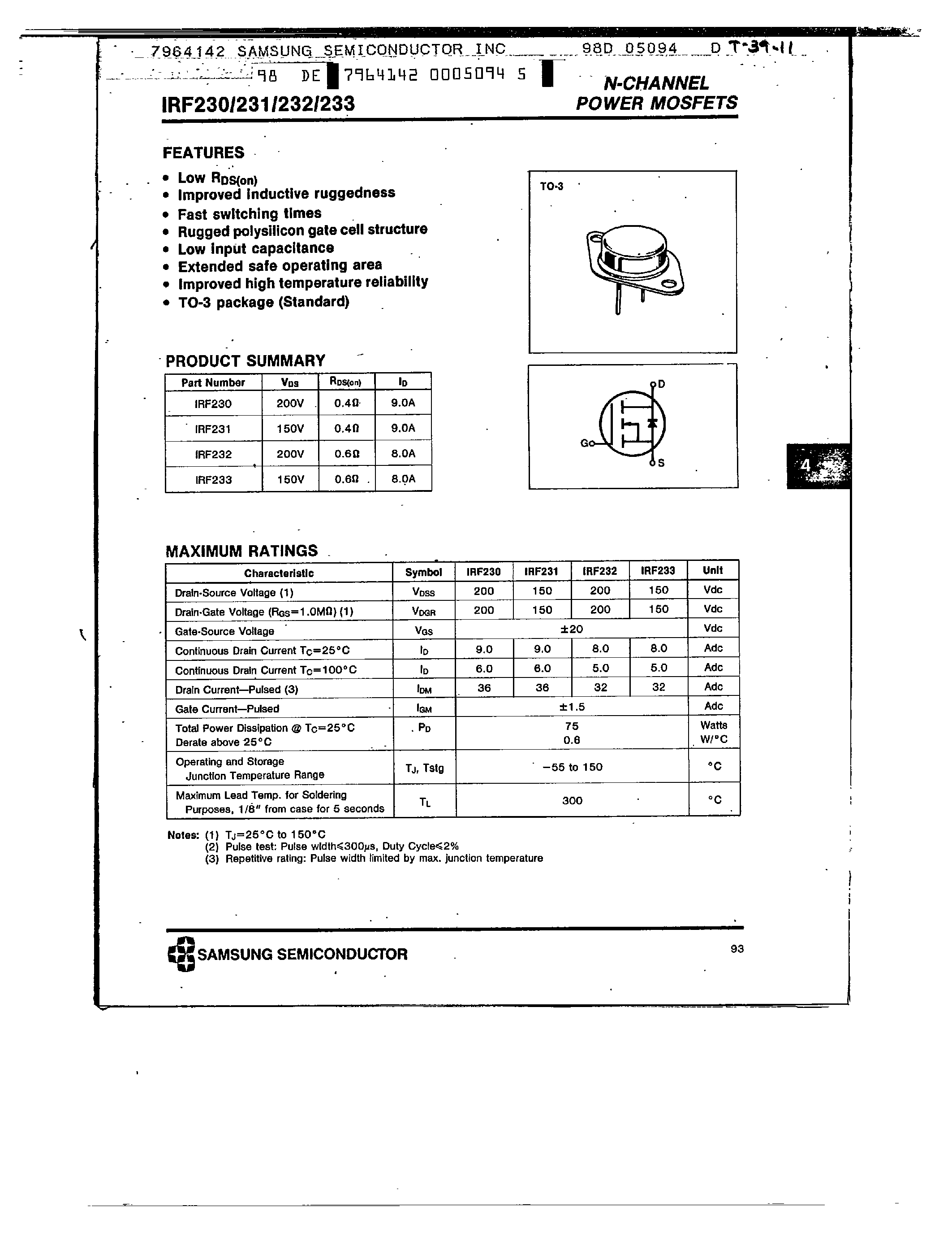 Datasheet IRF231 - N-CHANNEL POWER MOSFETS page 1