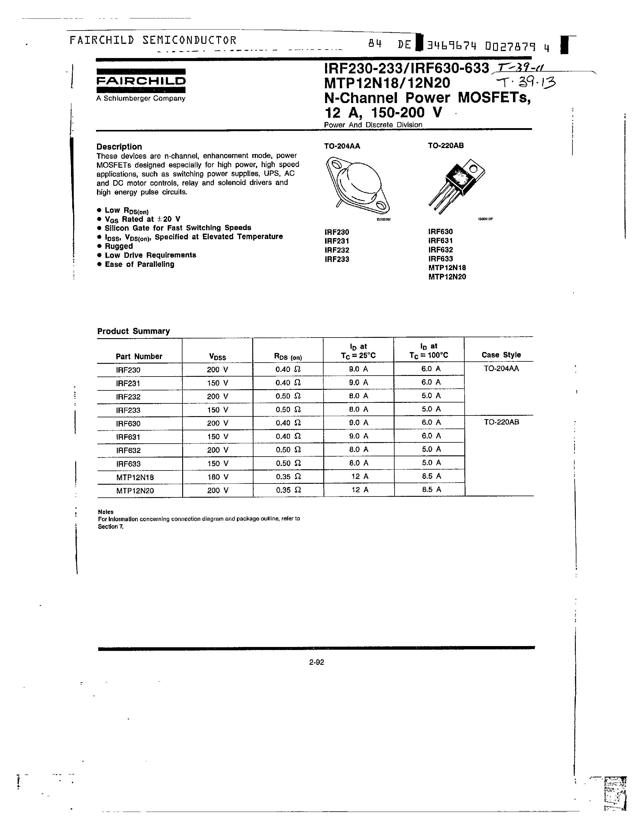 Datasheet IRF233 - N-Channel Power MOSFETs/ 12A/ 150-200 V page 1