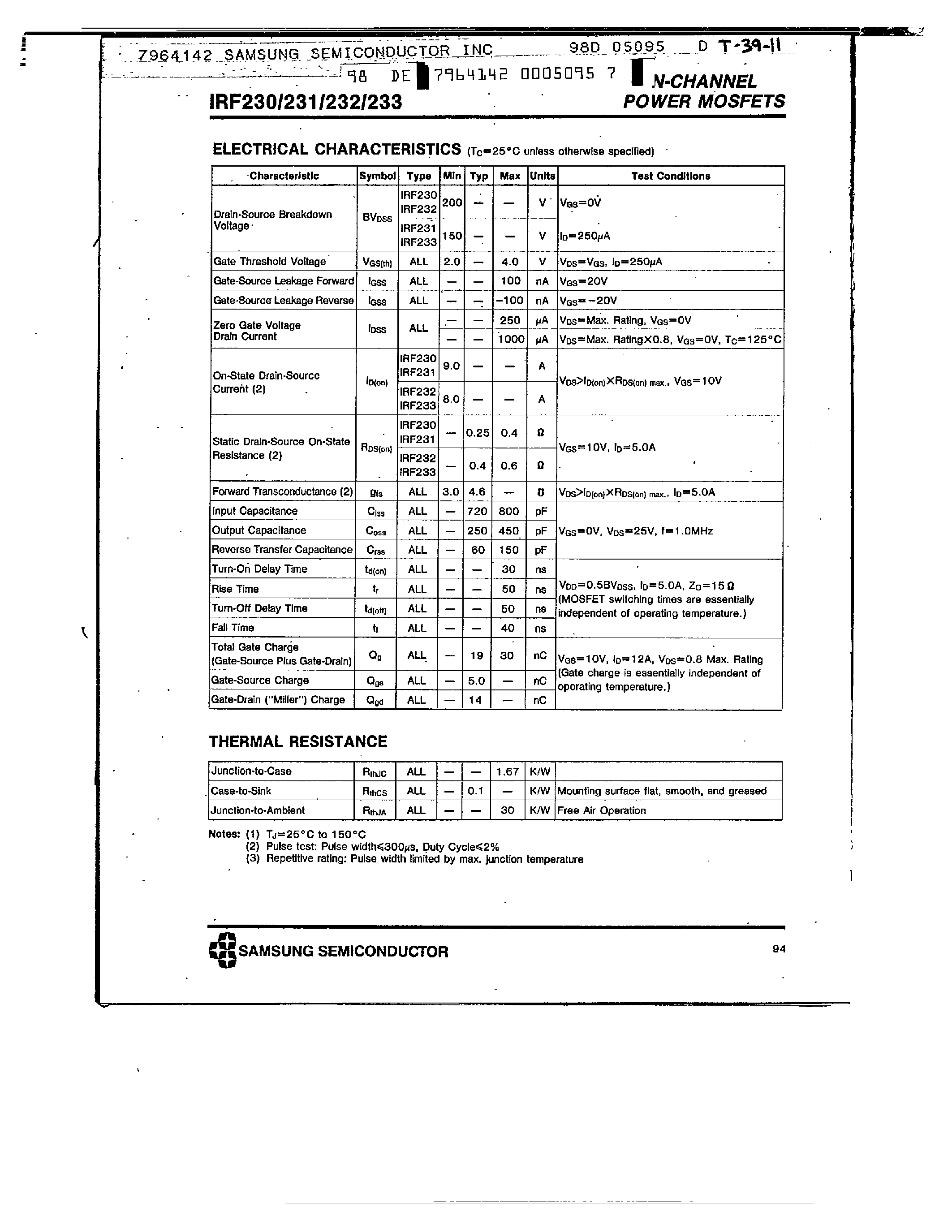 Datasheet IRF233 - N-CHANNEL POWER MOSFETS page 2