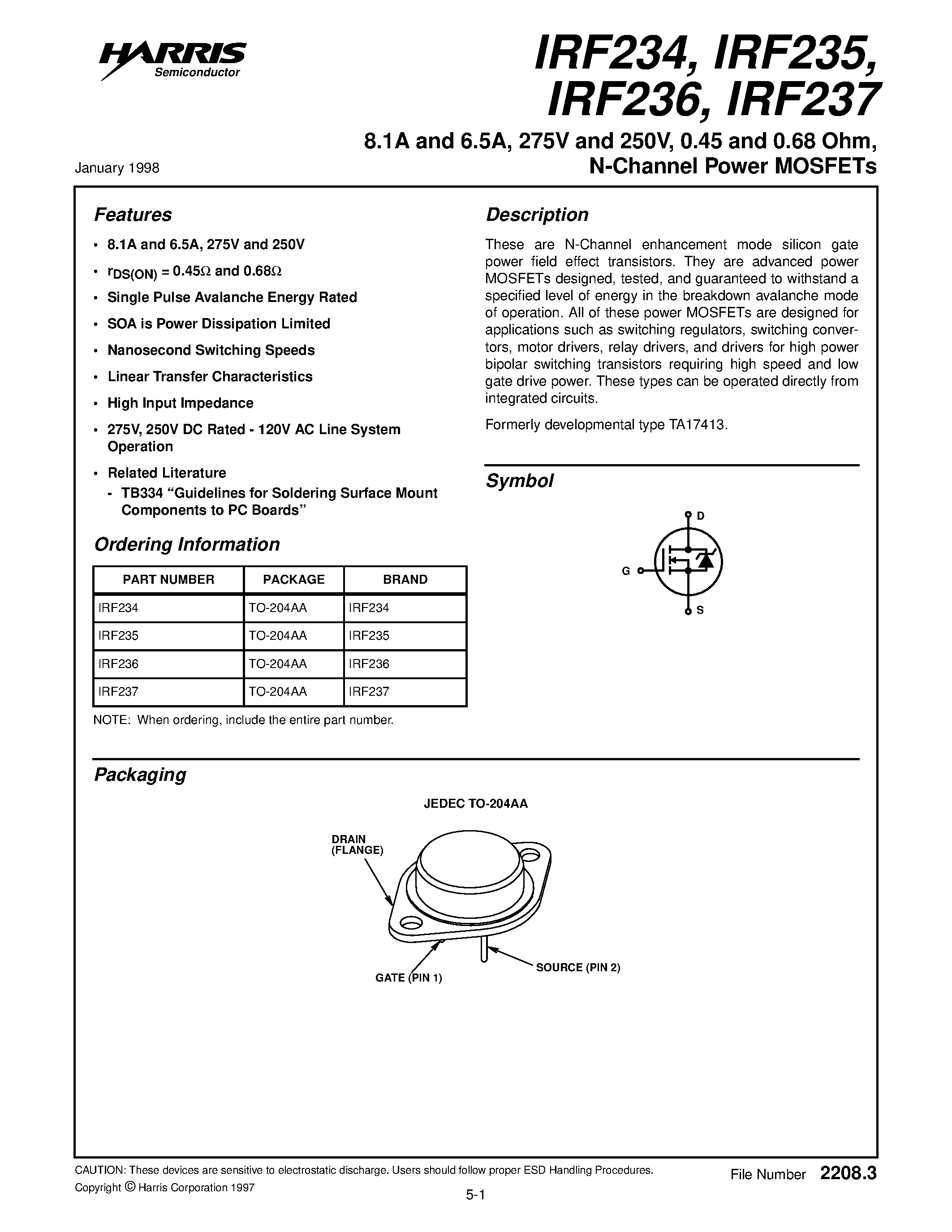 Datasheet IRF235 - 8.1A and 6.5A/ 275V and 250V/ 0.45 and 0.68 Ohm/ N-Channel Power MOSFETs page 1