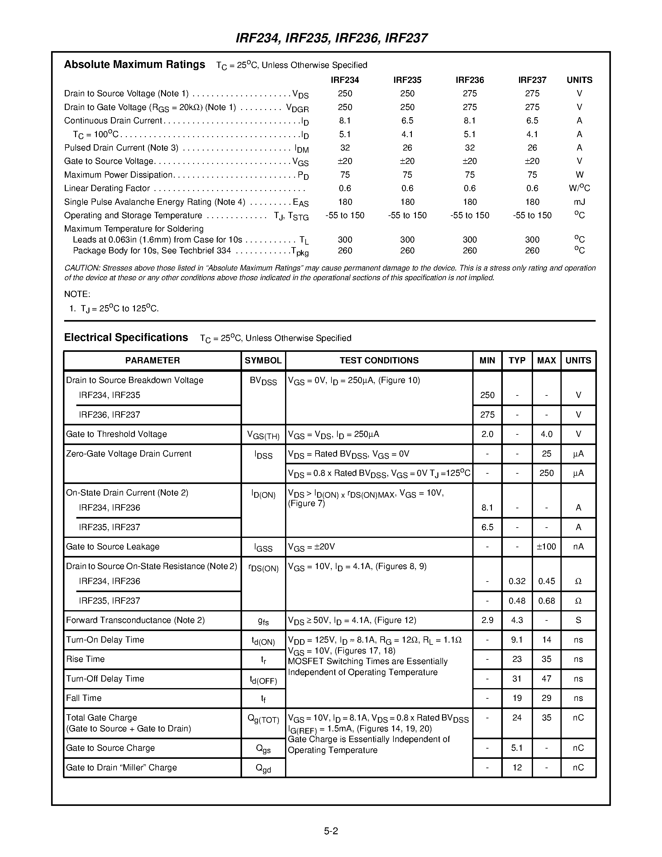 Datasheet IRF237 - 8.1A and 6.5A/ 275V and 250V/ 0.45 and 0.68 Ohm/ N-Channel Power MOSFETs page 2