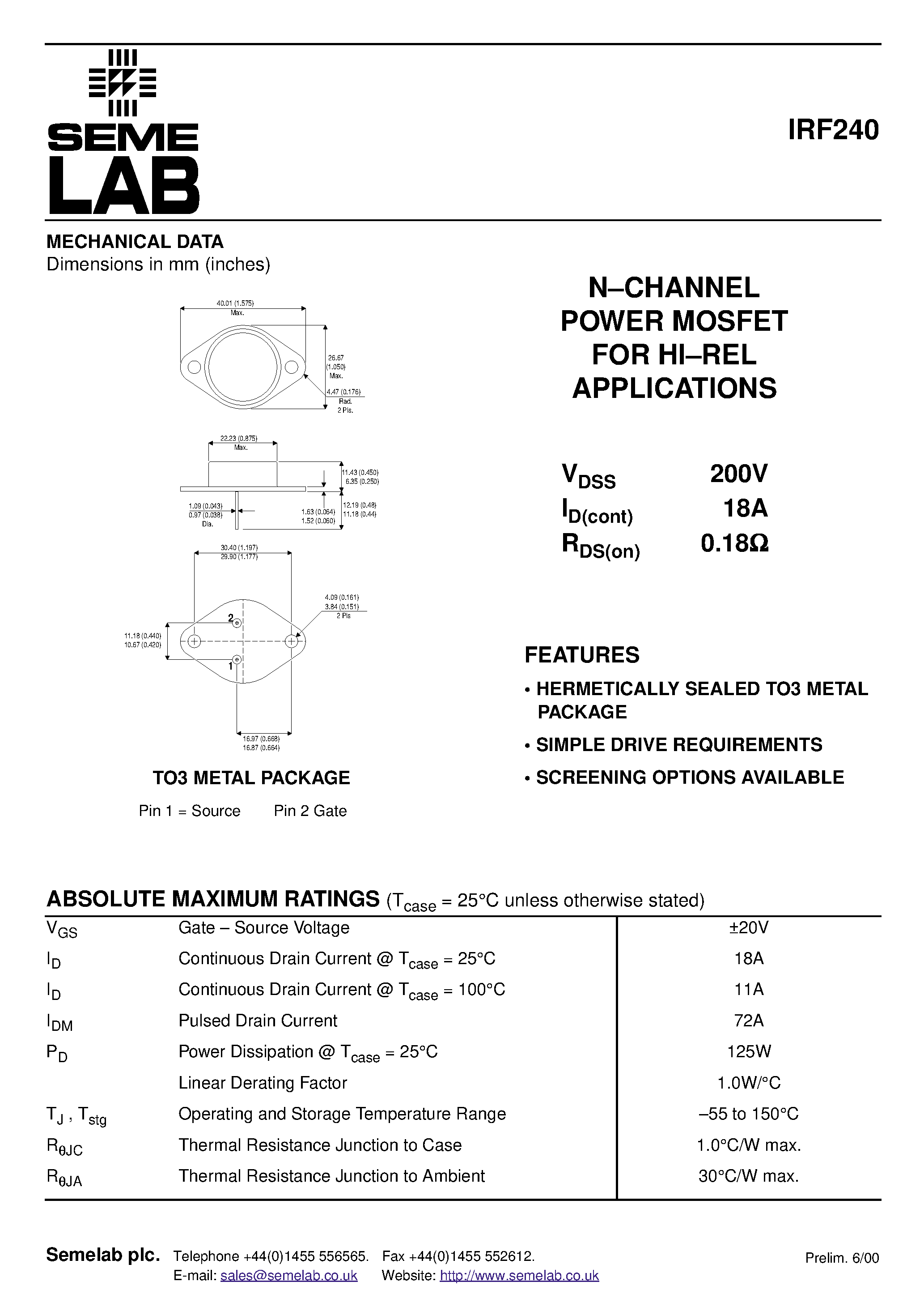 Даташит на микросхему IRF240 страница 1 Даташит IRF240 - N-CHANNEL POWER MOSFET FOR HI.REL APPLICATIONS страница 1
