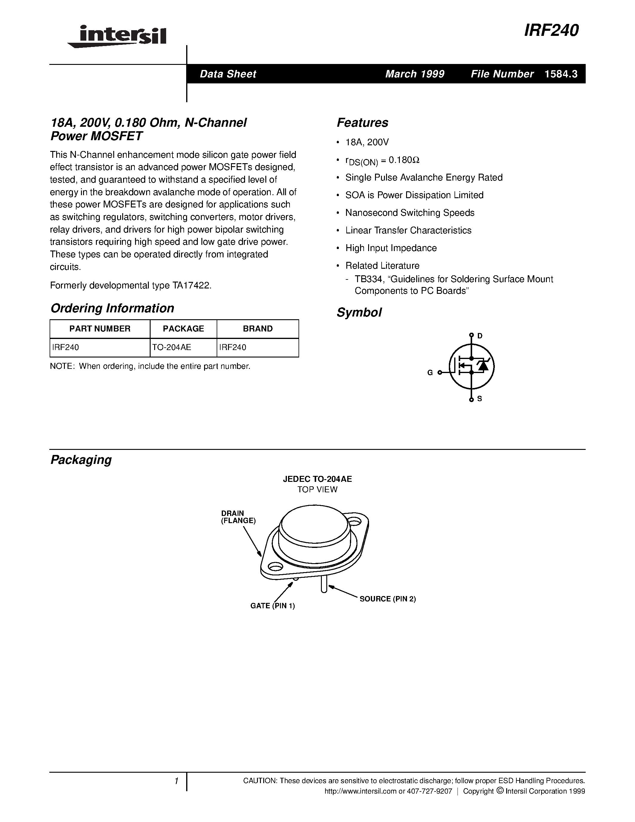 Даташит на микросхему IRF240 страница 1 Даташит IRF240 - 18A/ 200V/ 0.180 Ohm/ N-Channel Power MOSFET страница 1