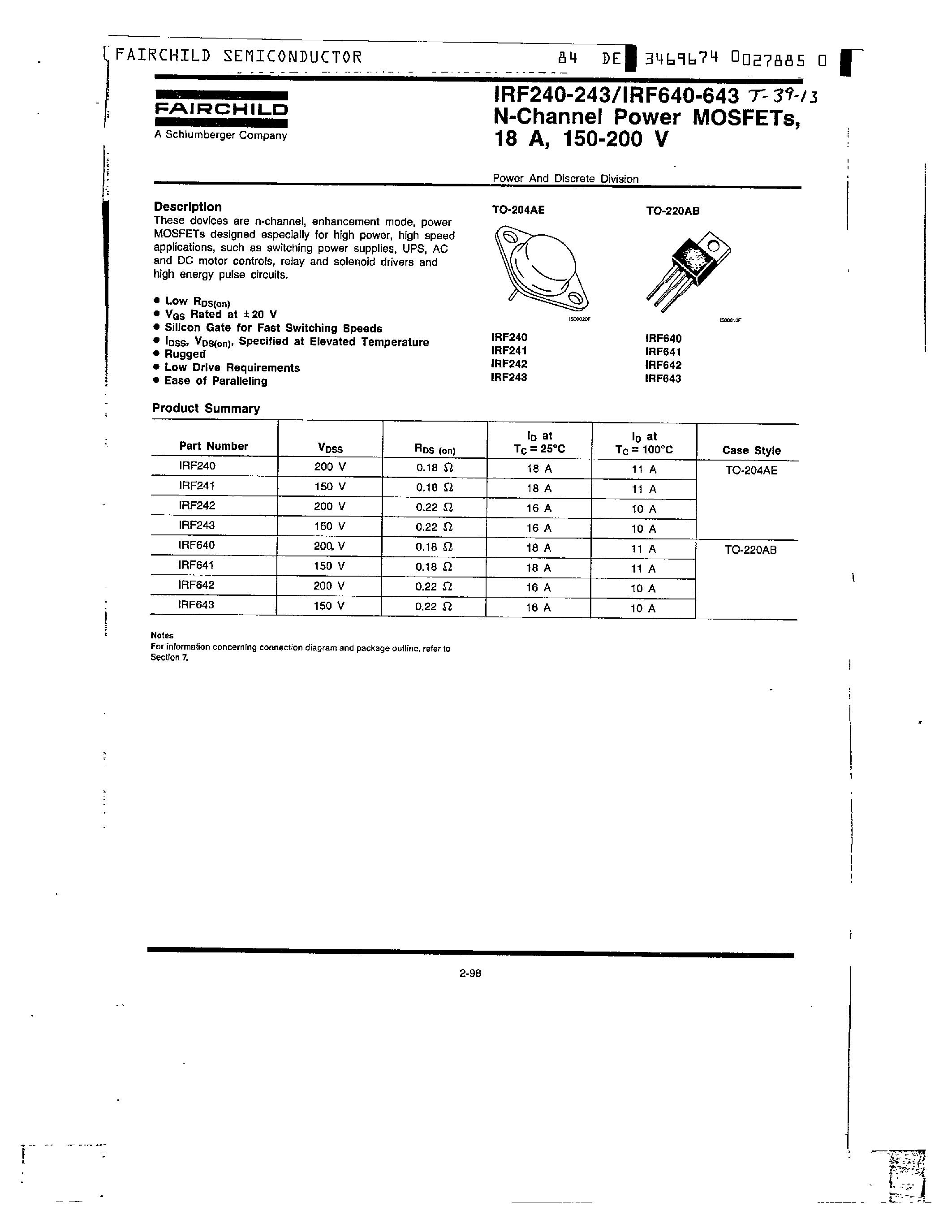 Datasheet IRF240 - N-Channel Power MOSFETs/ 18A/ 150-200V page 1