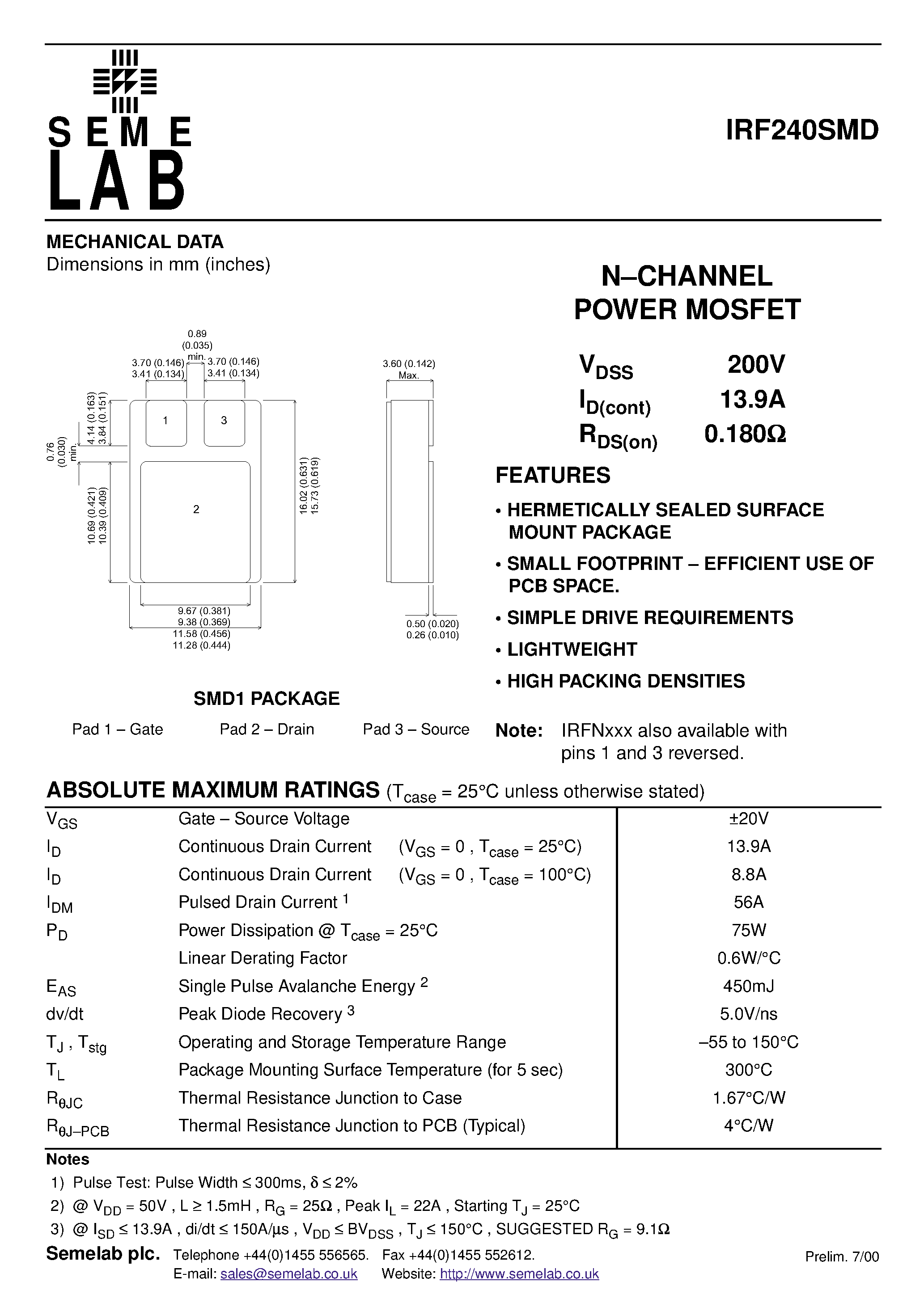 Datasheet IRF240SMD - N.CHANNEL POWER MOSFET page 1