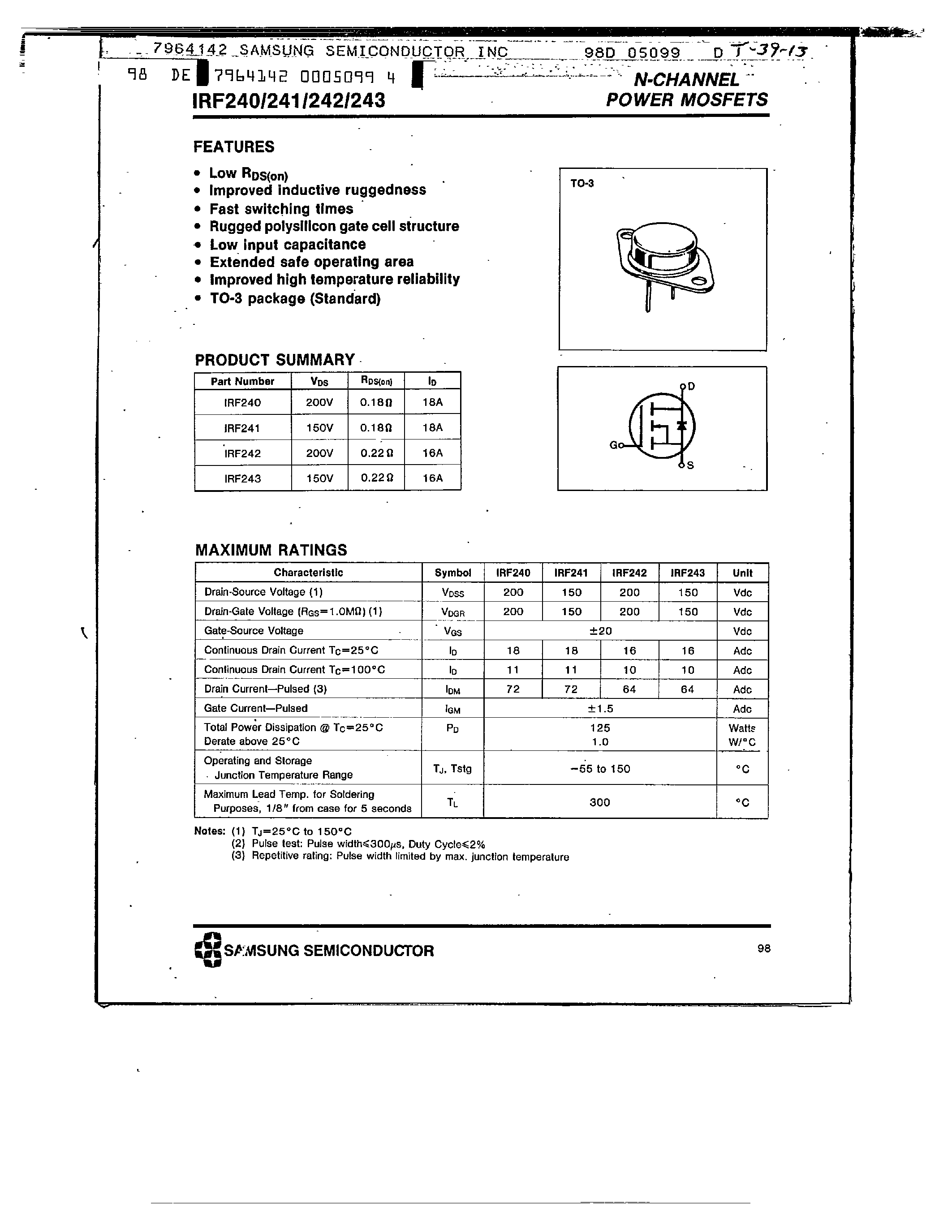 Datasheet IRF242 - N-CHANNEL POWER MOSFET page 1