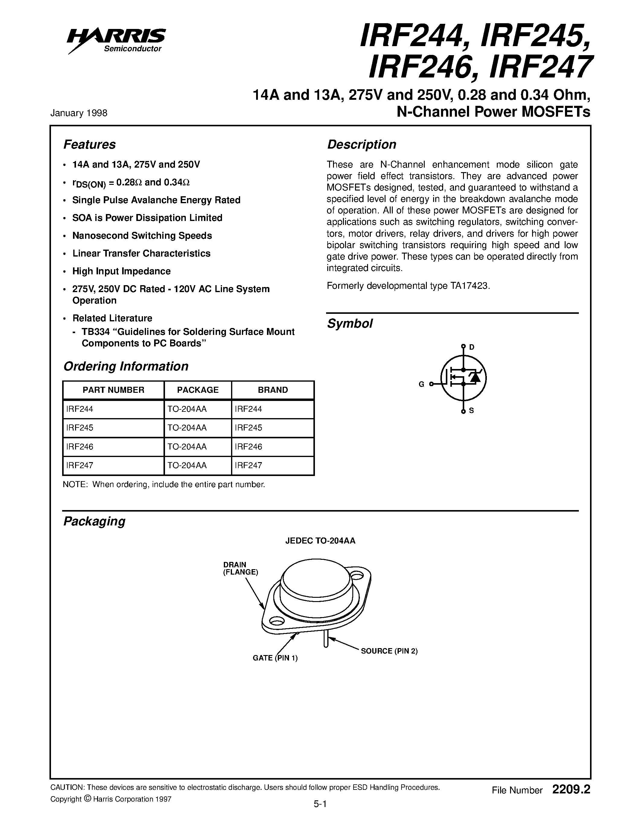 Datasheet IRF244 - 14A and 13A/ 275V and 250V/ 0.28 and 0.34 Ohm/ N-Channel Power MOSFETs page 1