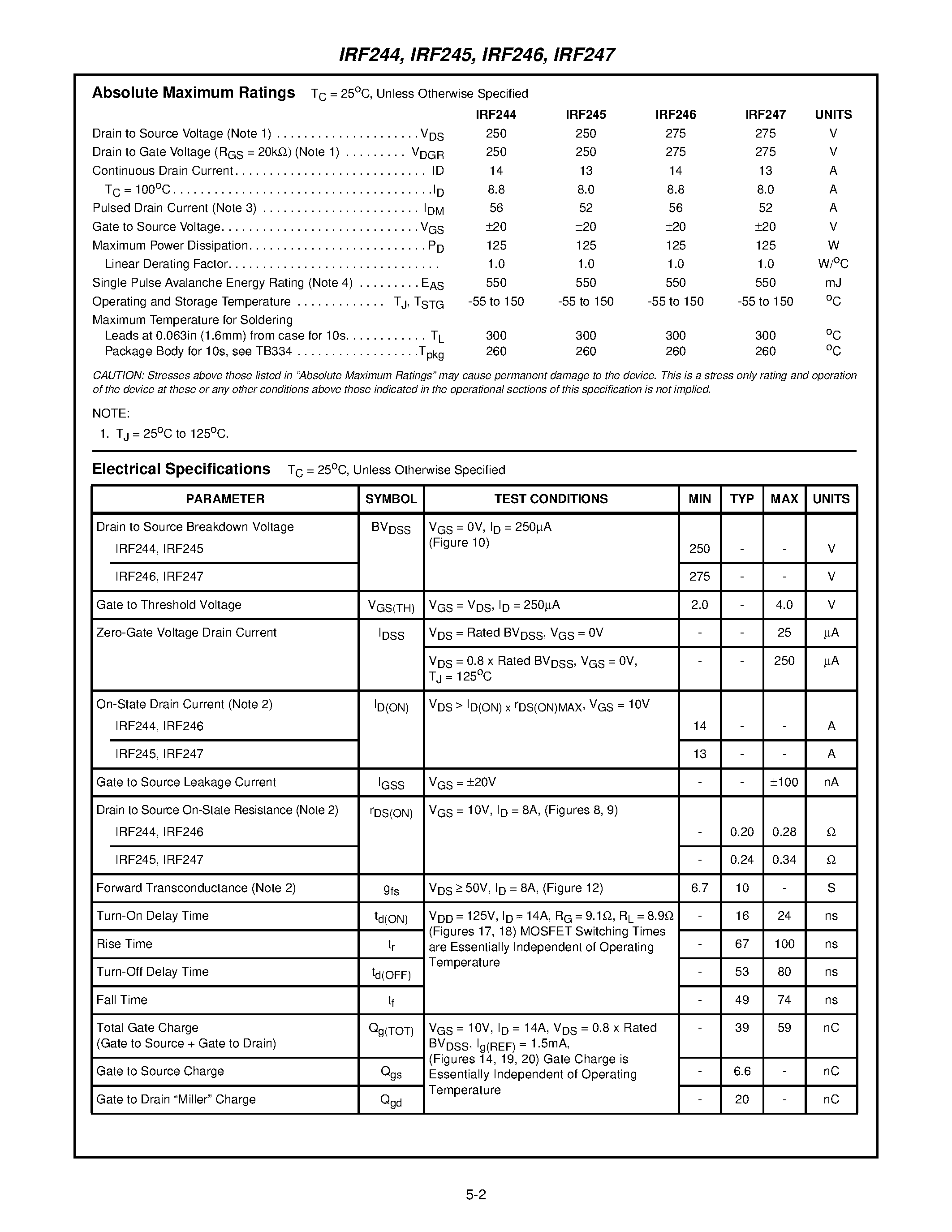 Datasheet IRF246 - 14A and 13A/ 275V and 250V/ 0.28 and 0.34 Ohm/ N-Channel Power MOSFETs page 2