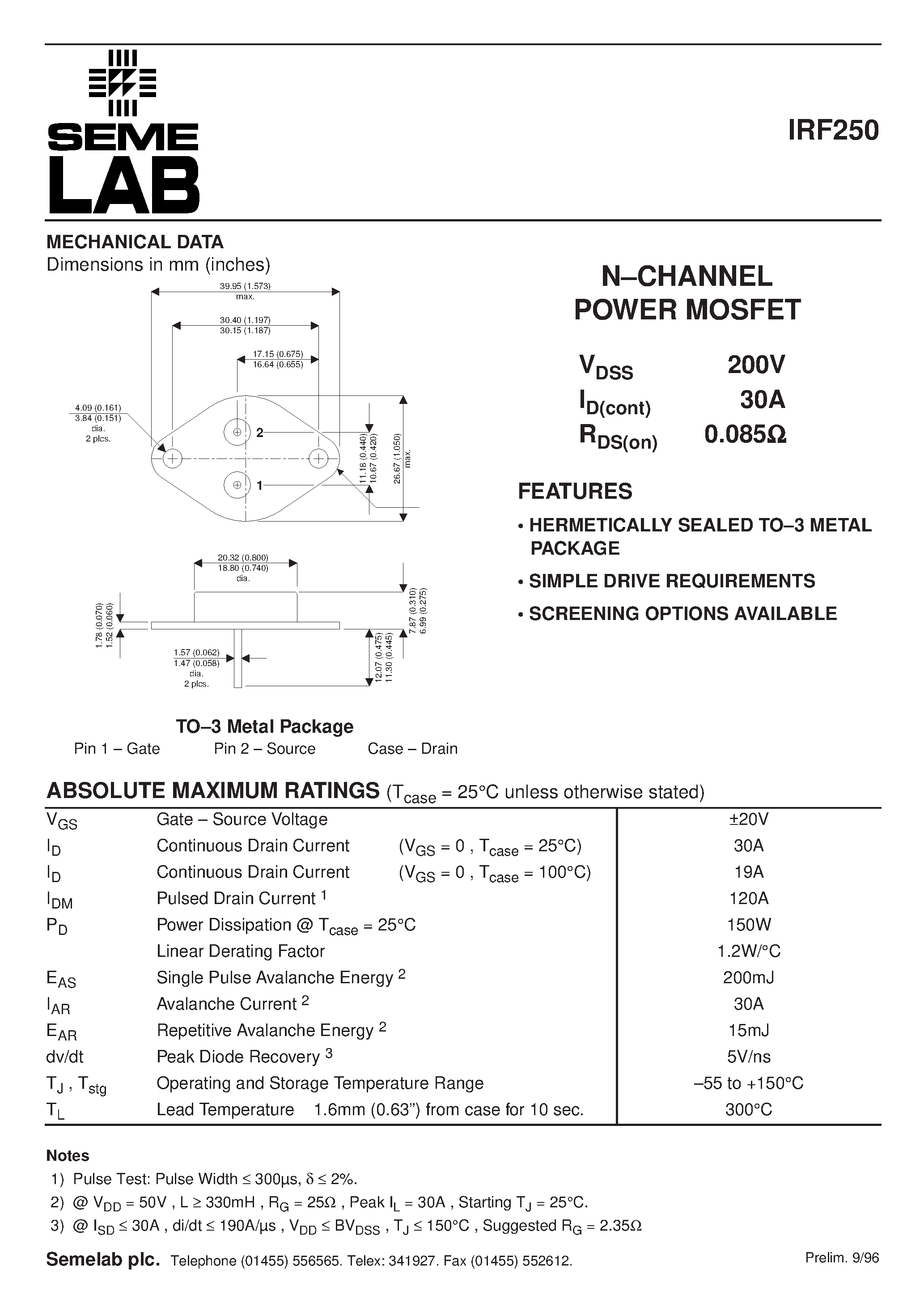 Datasheet IRF250 - N-CHANNEL POWER MOSFET page 1