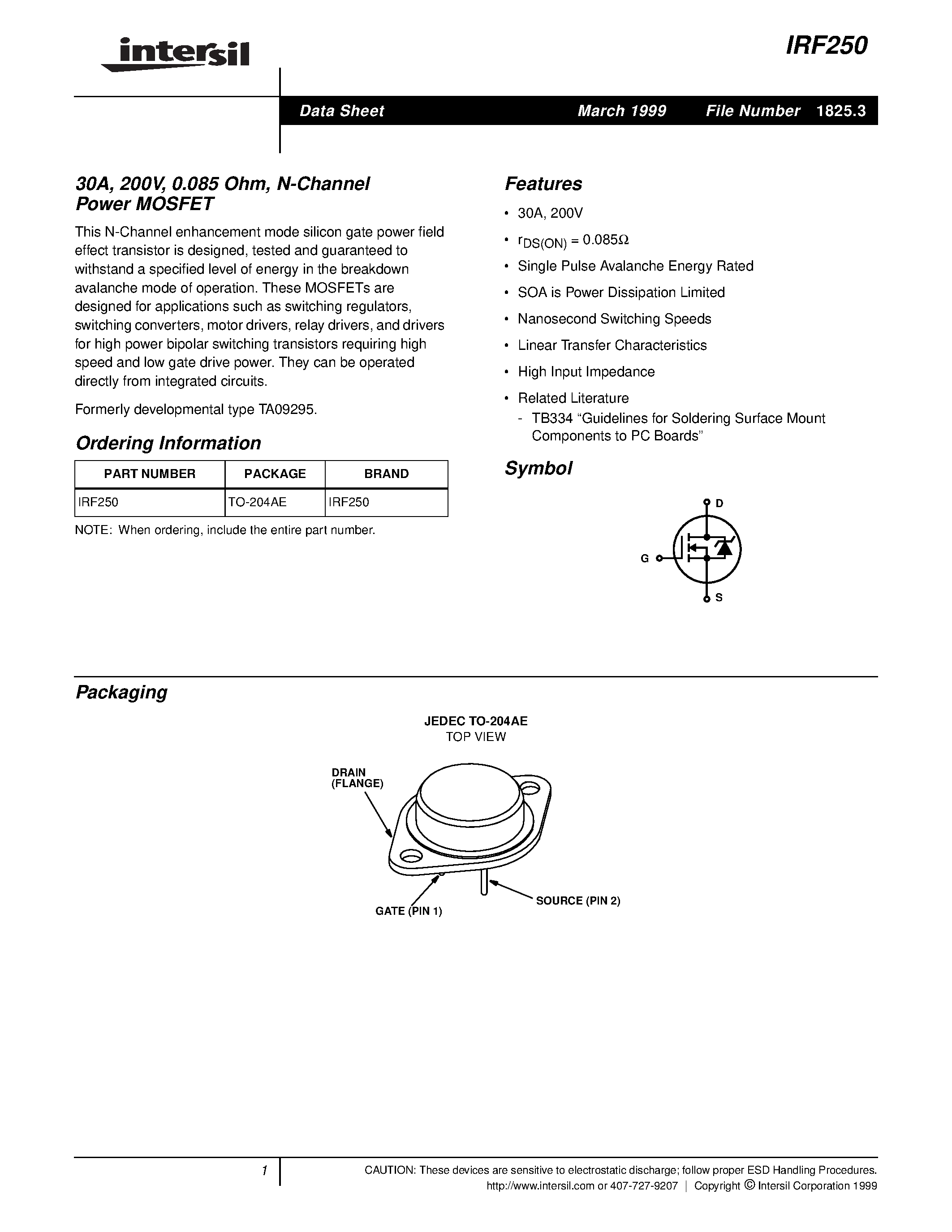 Datasheet IRF250 - 30A/ 200V/ 0.085 Ohm/ N-Channel Power MOSFET page 1