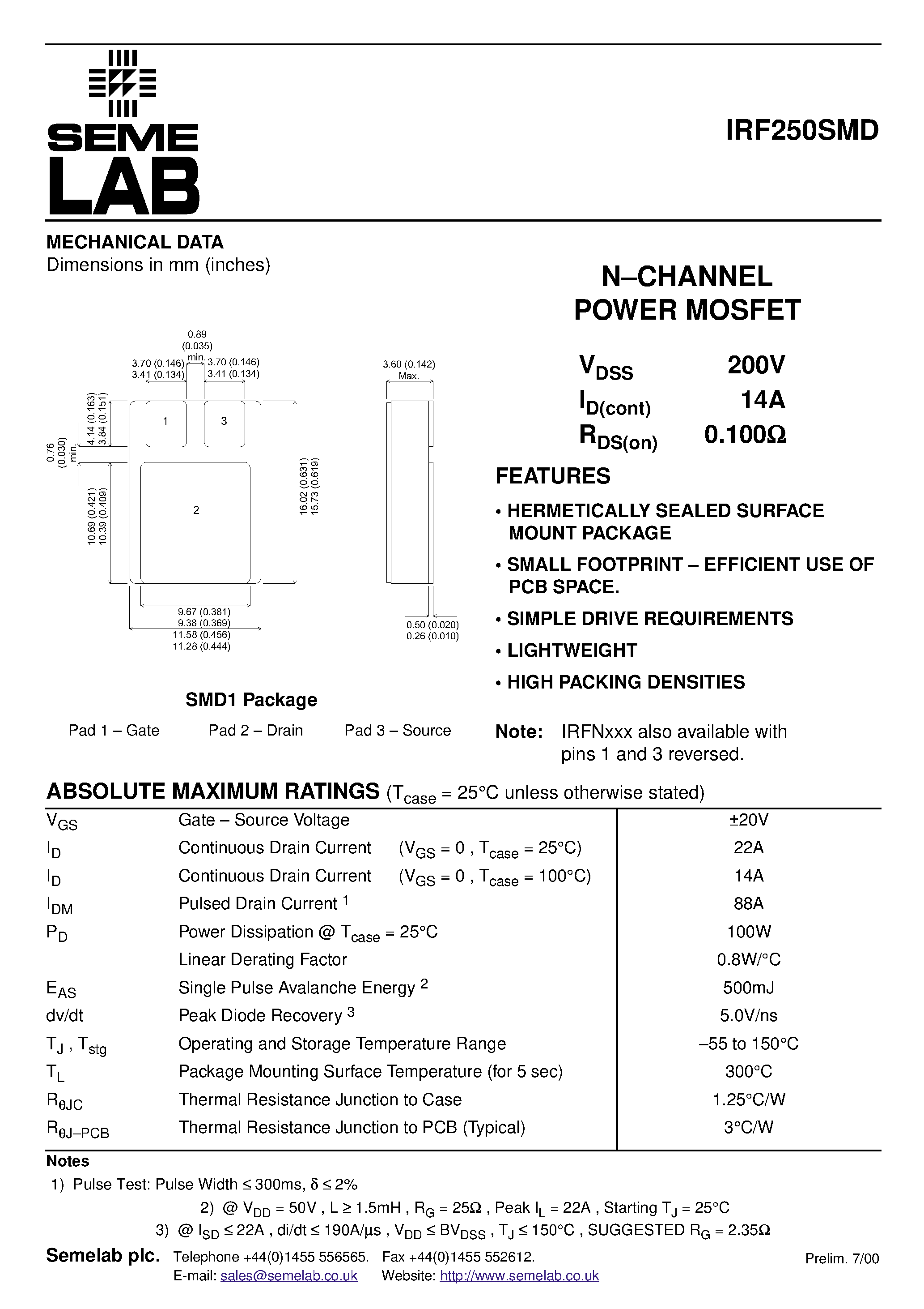 Datasheet IRF250SMD - N.CHANNEL POWER MOSFET page 1