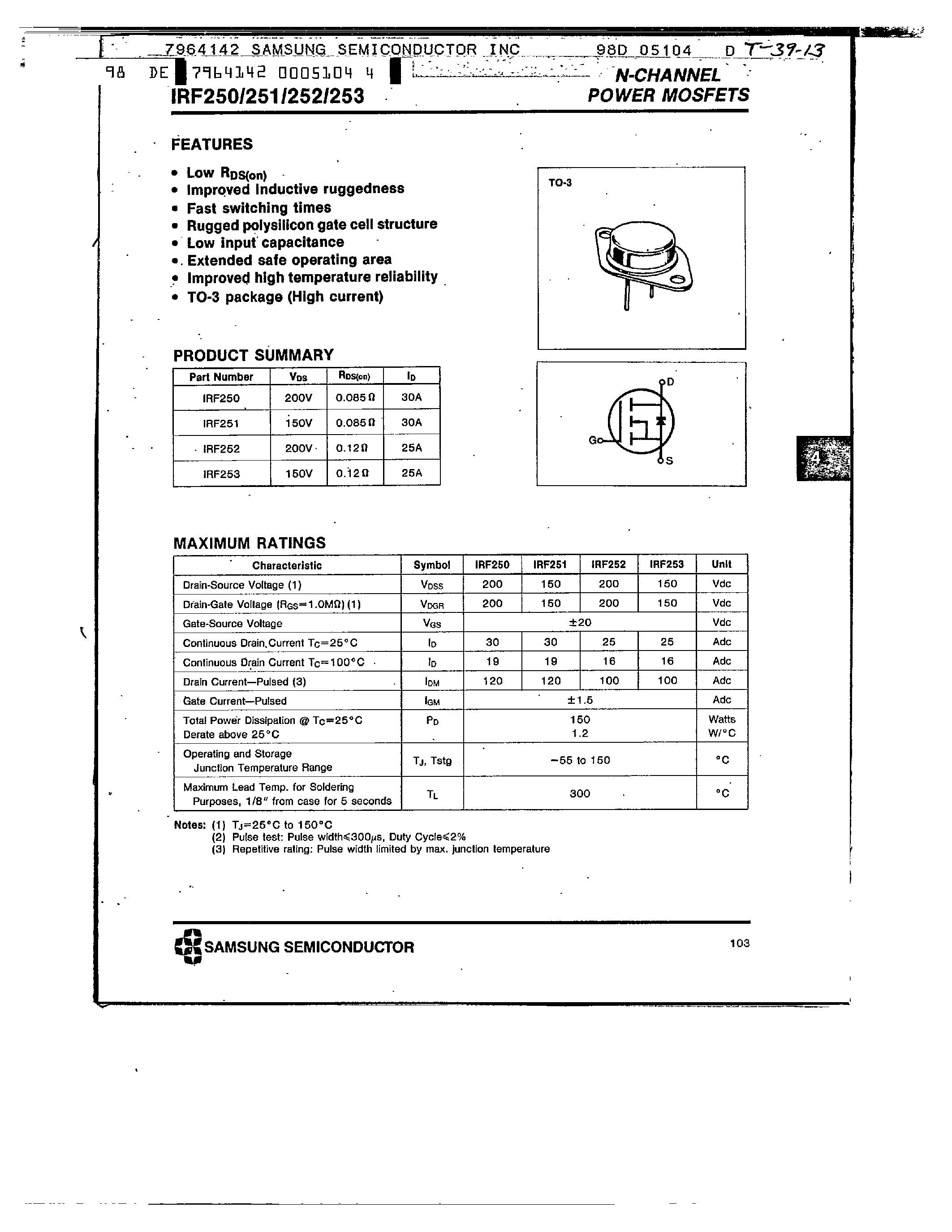 Datasheet IRF253 - N-CHANNEL POWER MOSFETS page 1