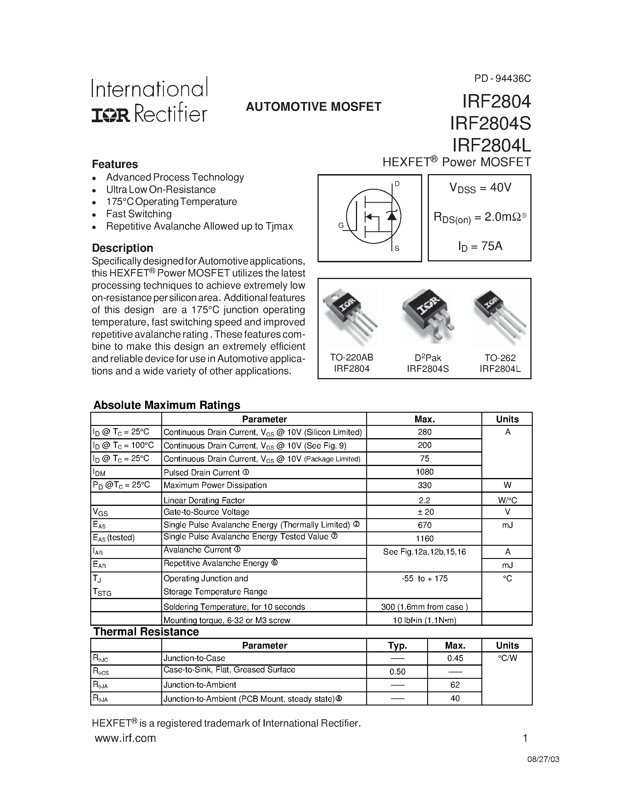 Datasheet IRF2804 - HEXFET Power MOSFET page 1